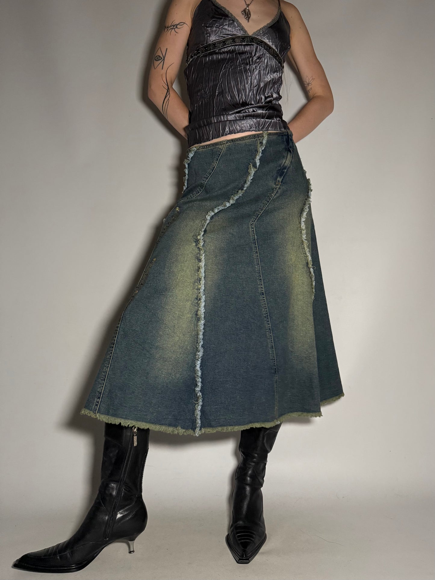 Y2K Distressed Denim Maxi Skirt with Sequin Floral Appliqué TWINKLING