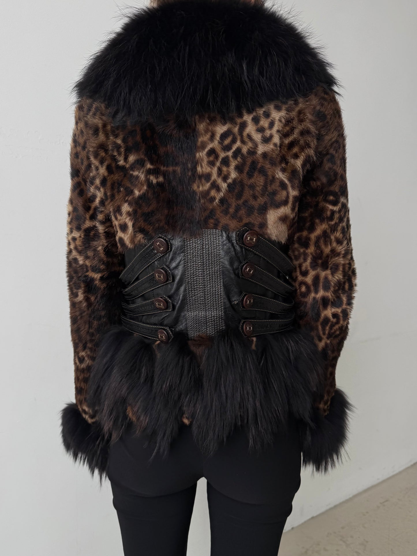 Vintage leather jacket with natural fur and leopard pattern TWINKLING GLOBAL