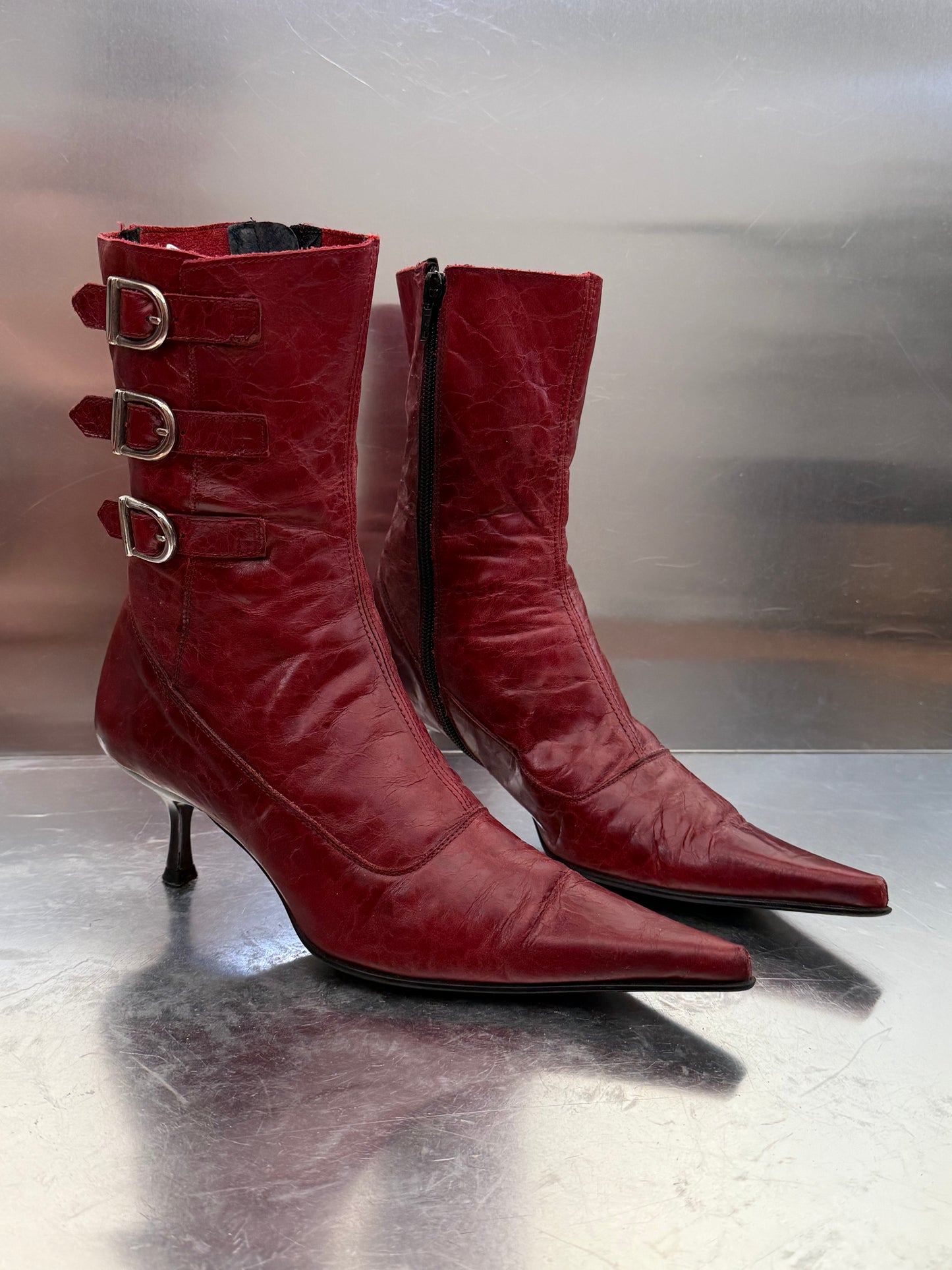 Vintage Red Leather Buffalo Heeled Boots Twinkling