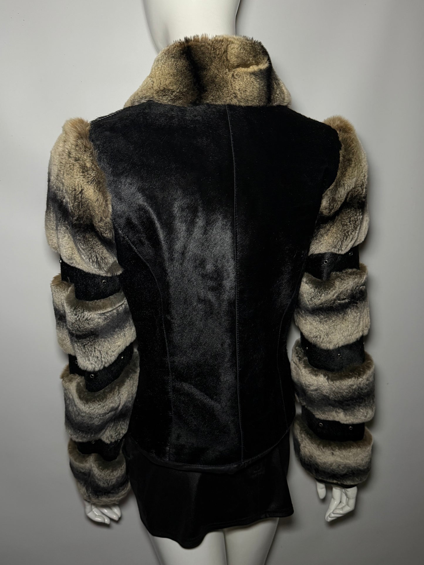 Vintage leather jacket with real chinchilla and pony fur panels