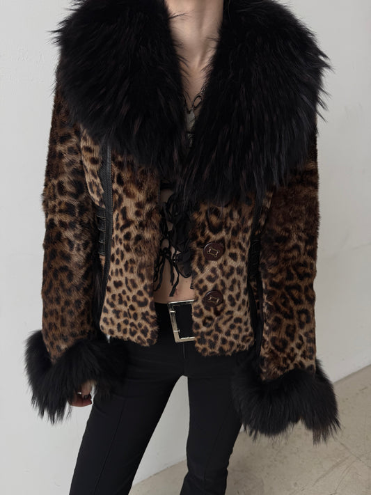 Vintage leather jacket with natural fur and leopard pattern TWINKLING GLOBAL