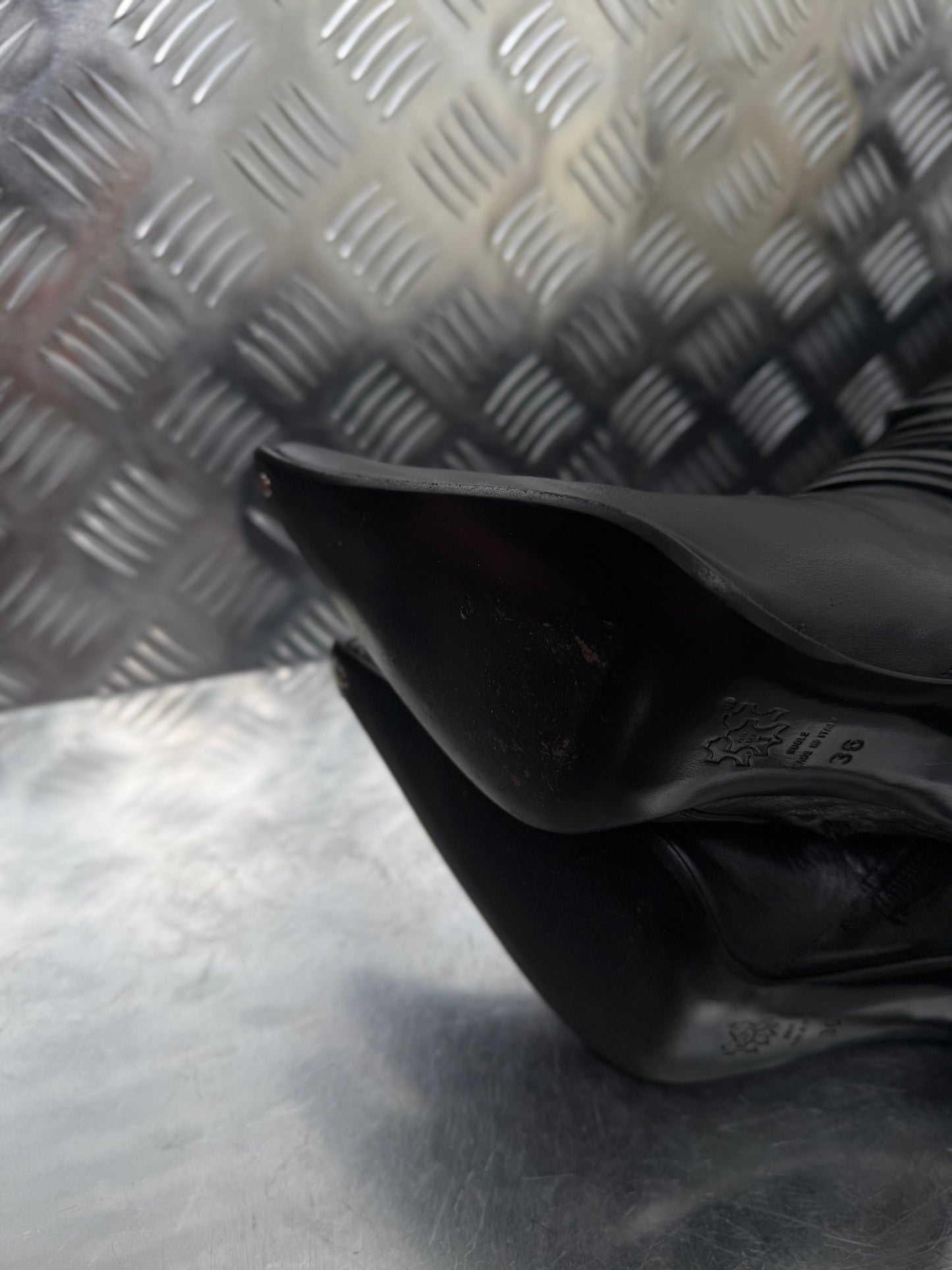 Vintage Italian black leather stiletto boots with layered detail Twinkling Global