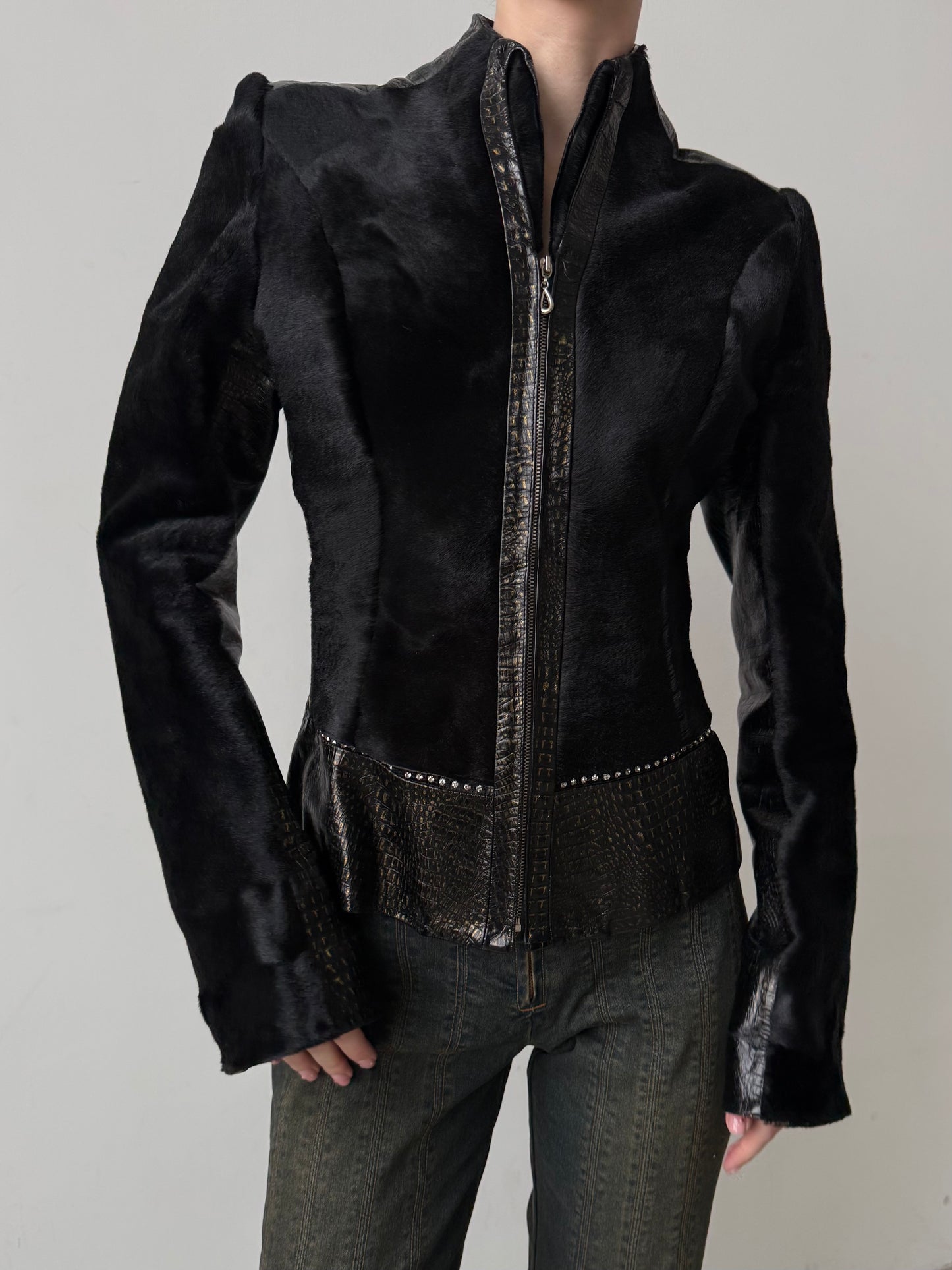 Vintage fitted leather jacket with pony fur TWINKLING GLOBAL