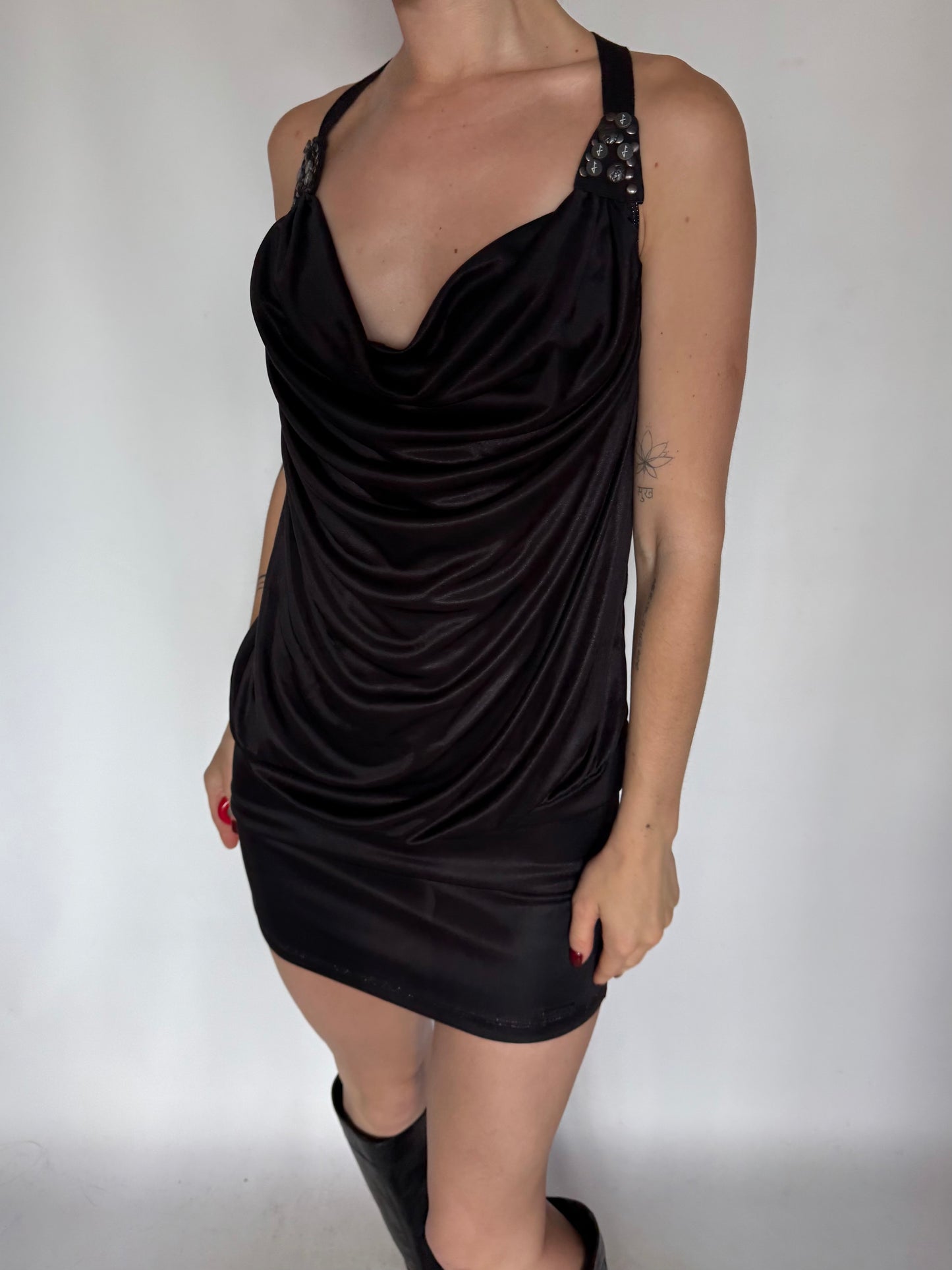 Y2K Black Stretchy Mini Dress with Cowl Neck Twinkling