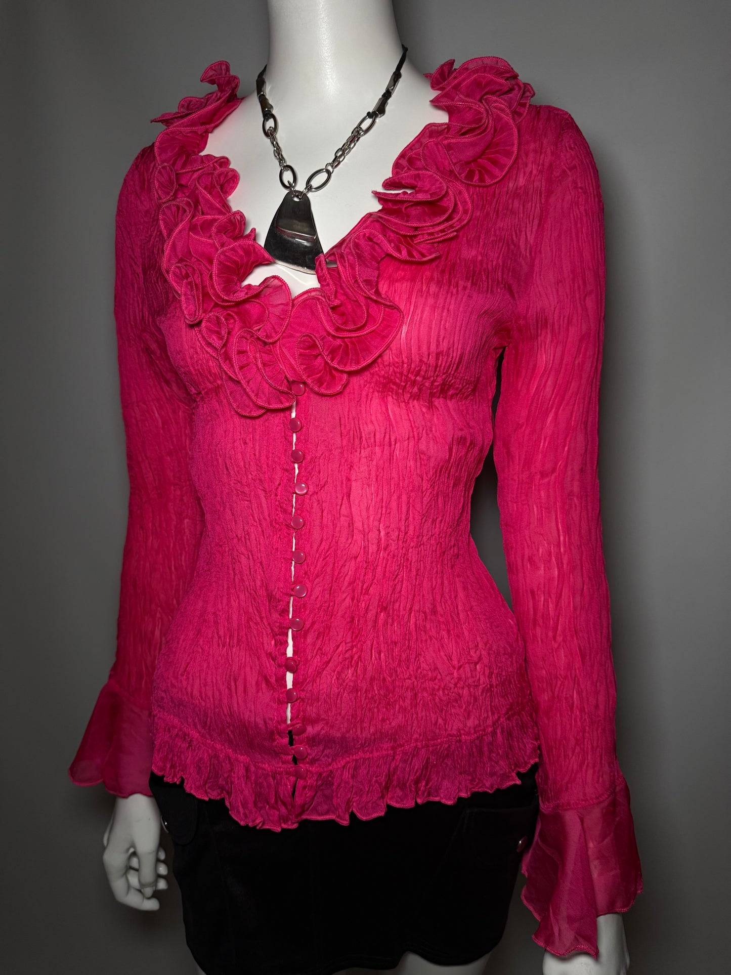 Vintage Crinkled Fuchsia Blouse with Ruffles Twinkling Global