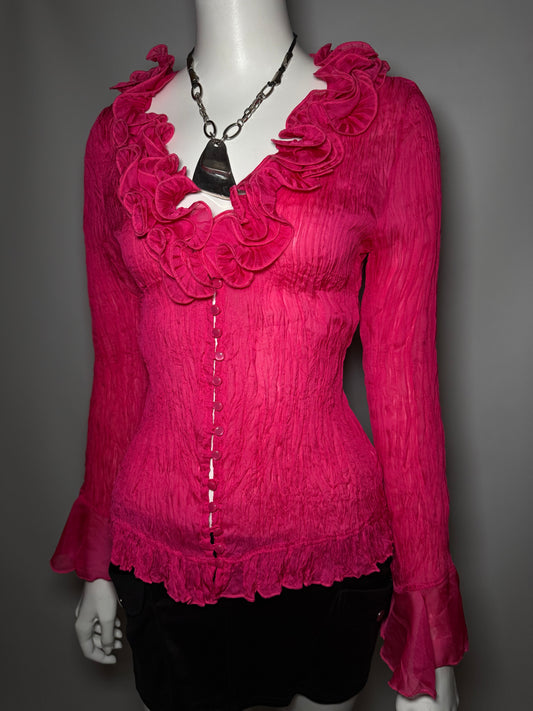 Vintage Crinkled Fuchsia Blouse with Ruffles Twinkling Global