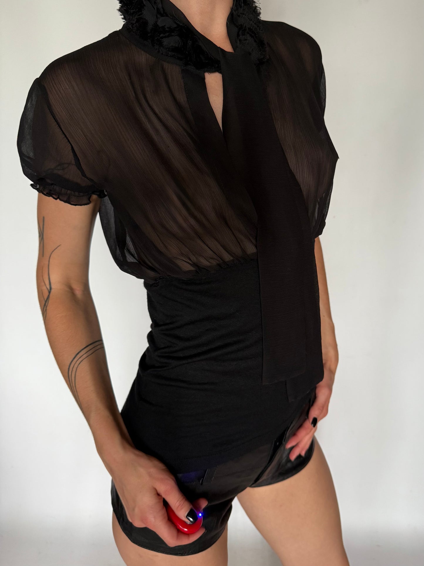 Vintage Sheer Tie-Neck Blouse Black Twinkling Global