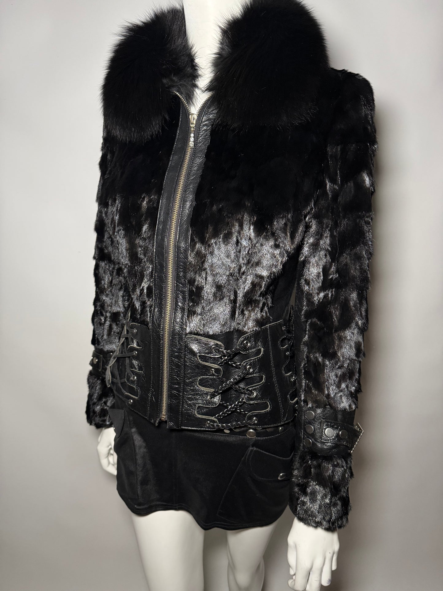 Vintage Leather & Real Fur Lace-Up Jacket TWINKLING GLOBAL