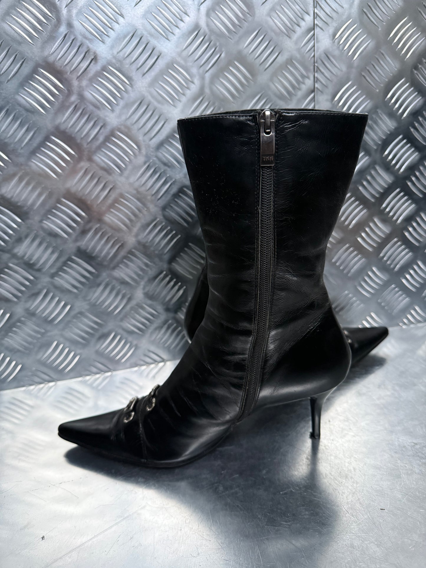 Vintage Black Leather Boots with Crystal Buckles TWINKLING GLOBAL