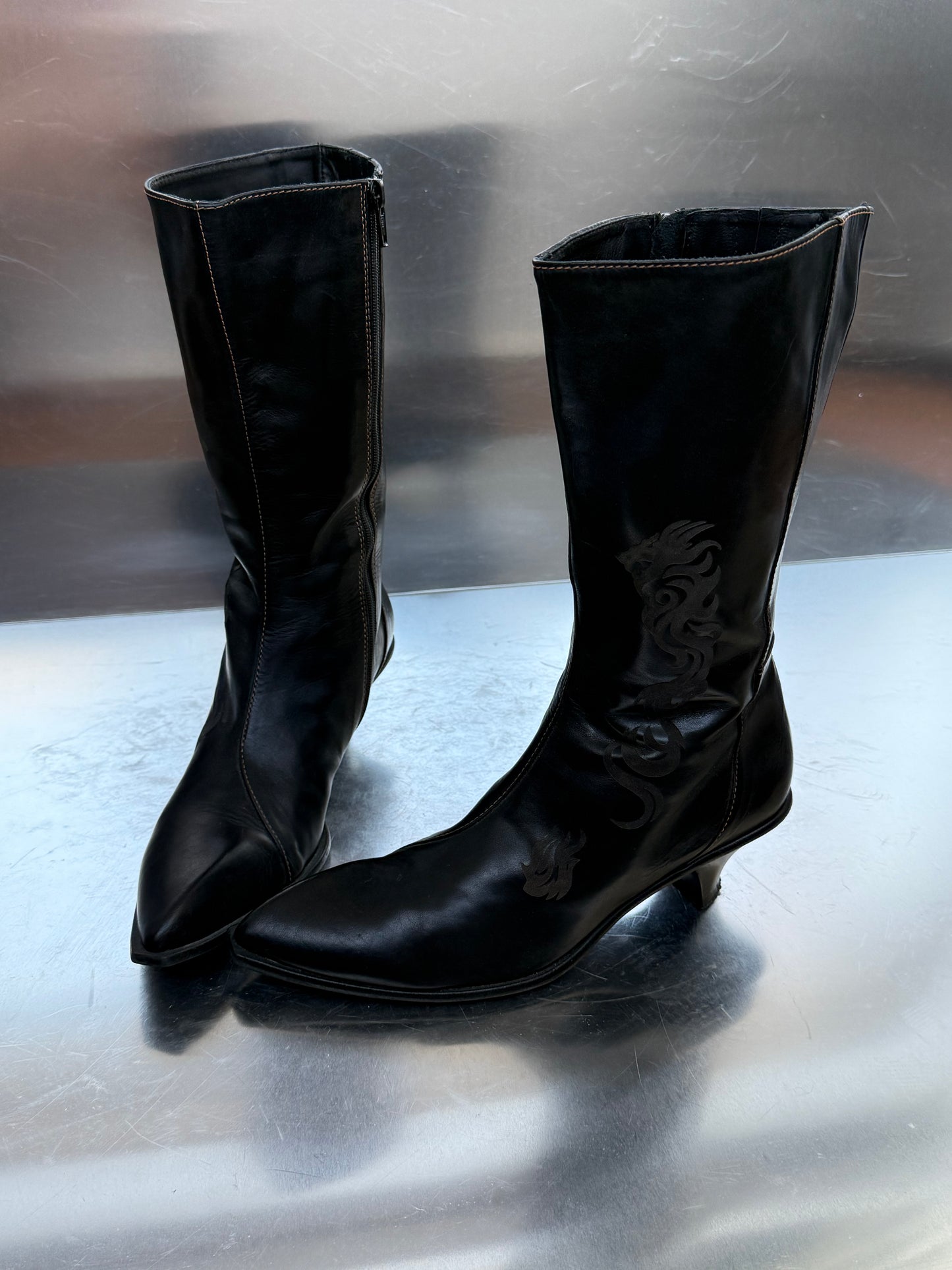 Vintage Black Leather Boots with Tribal Detail Twinkling Global