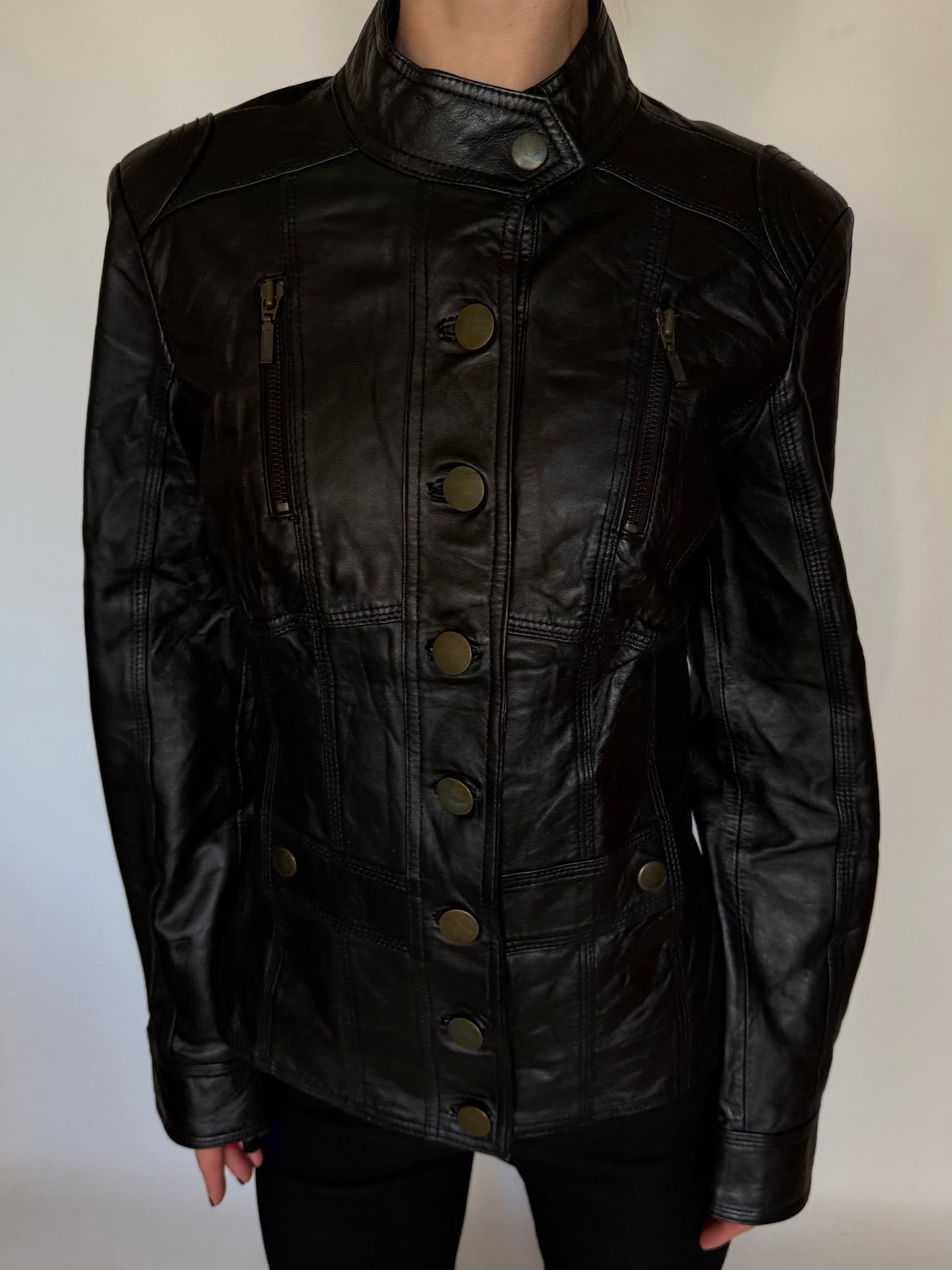 Vintage Black Fitted Leather Jacket Twinkling Global