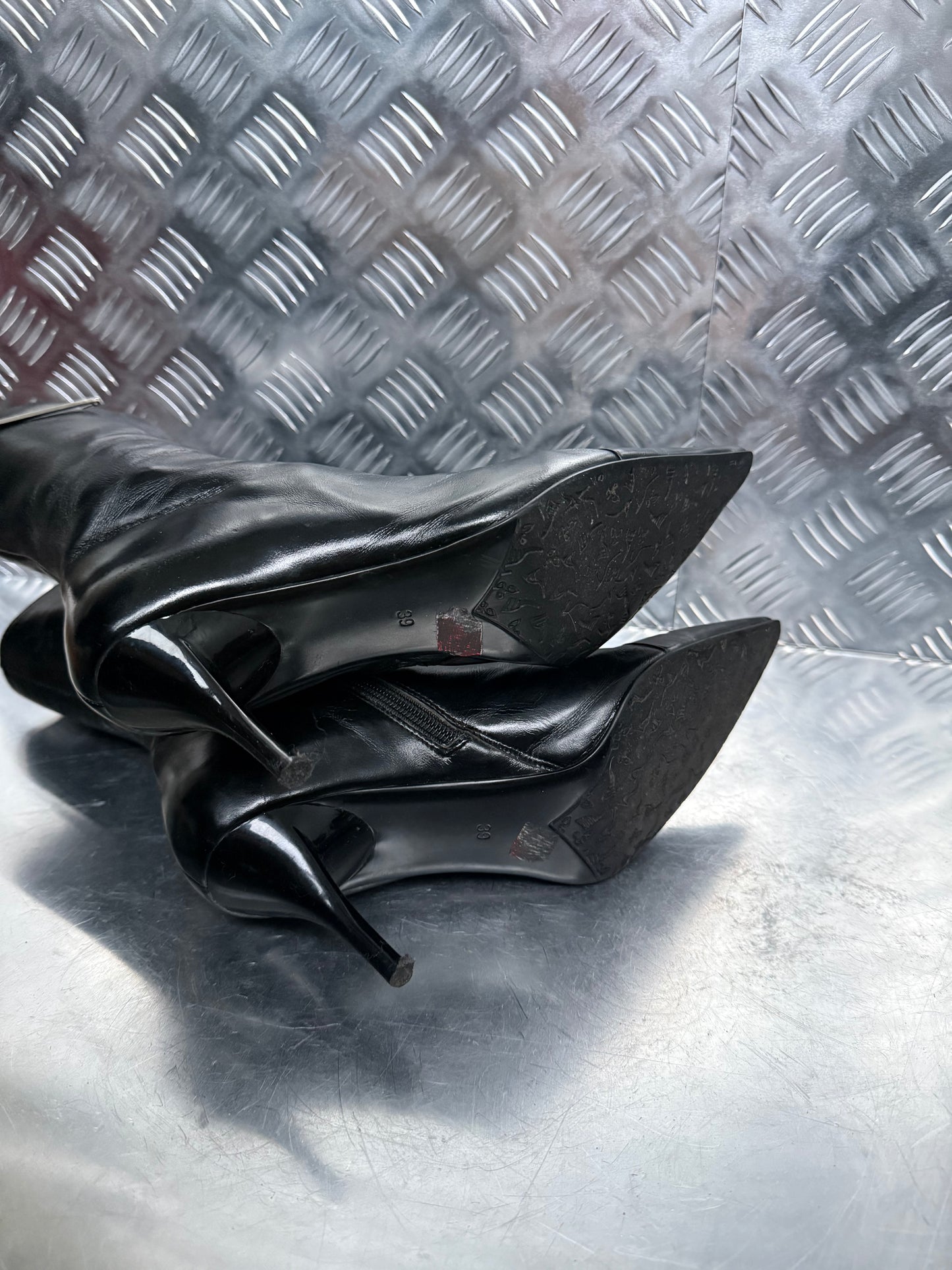 Vintage Black Leather Boots with Crystal Buckles TWINKLING GLOBAL