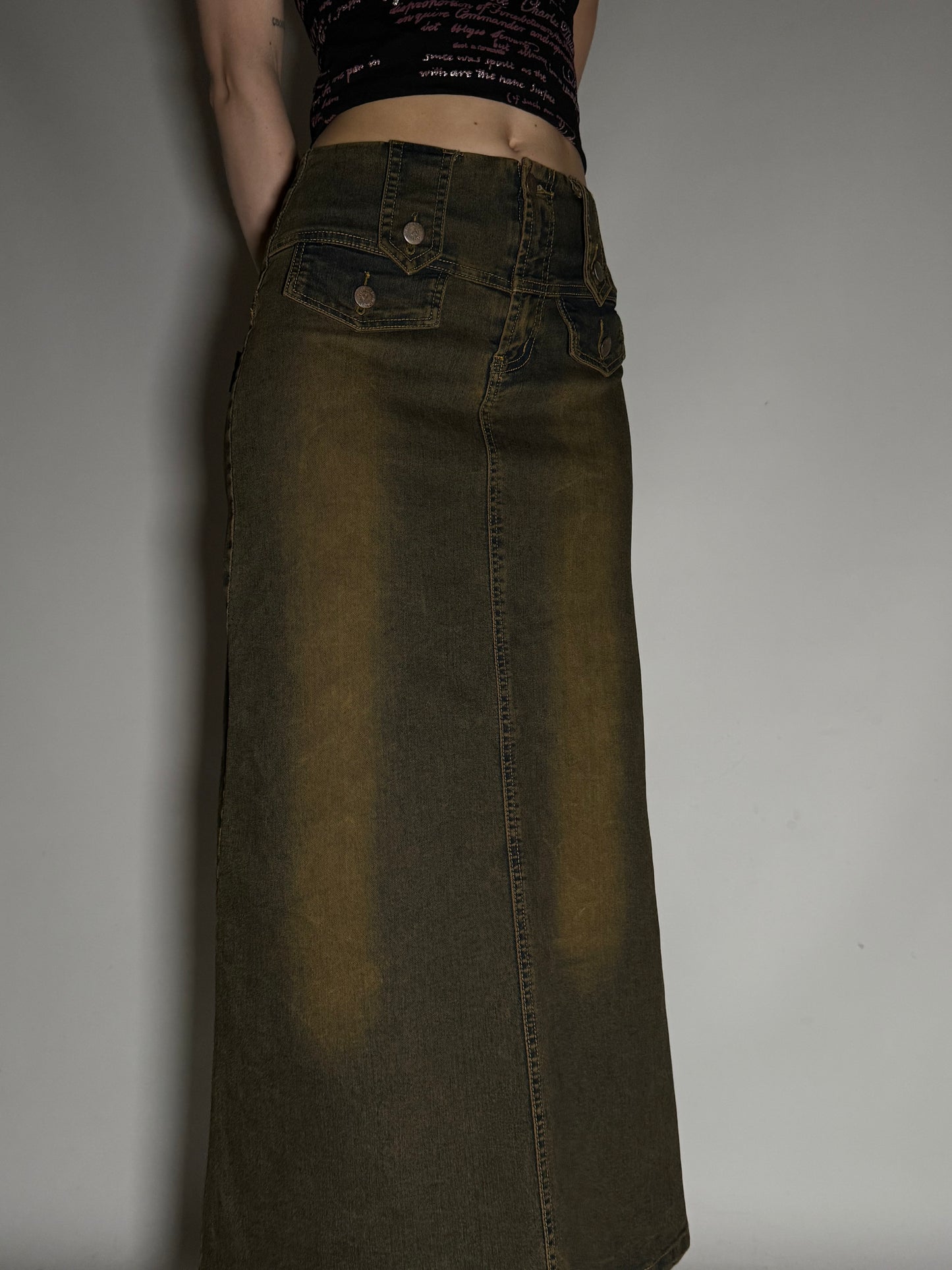 Rust-Toned Stretch Denim Maxi Skirt  Twinkling