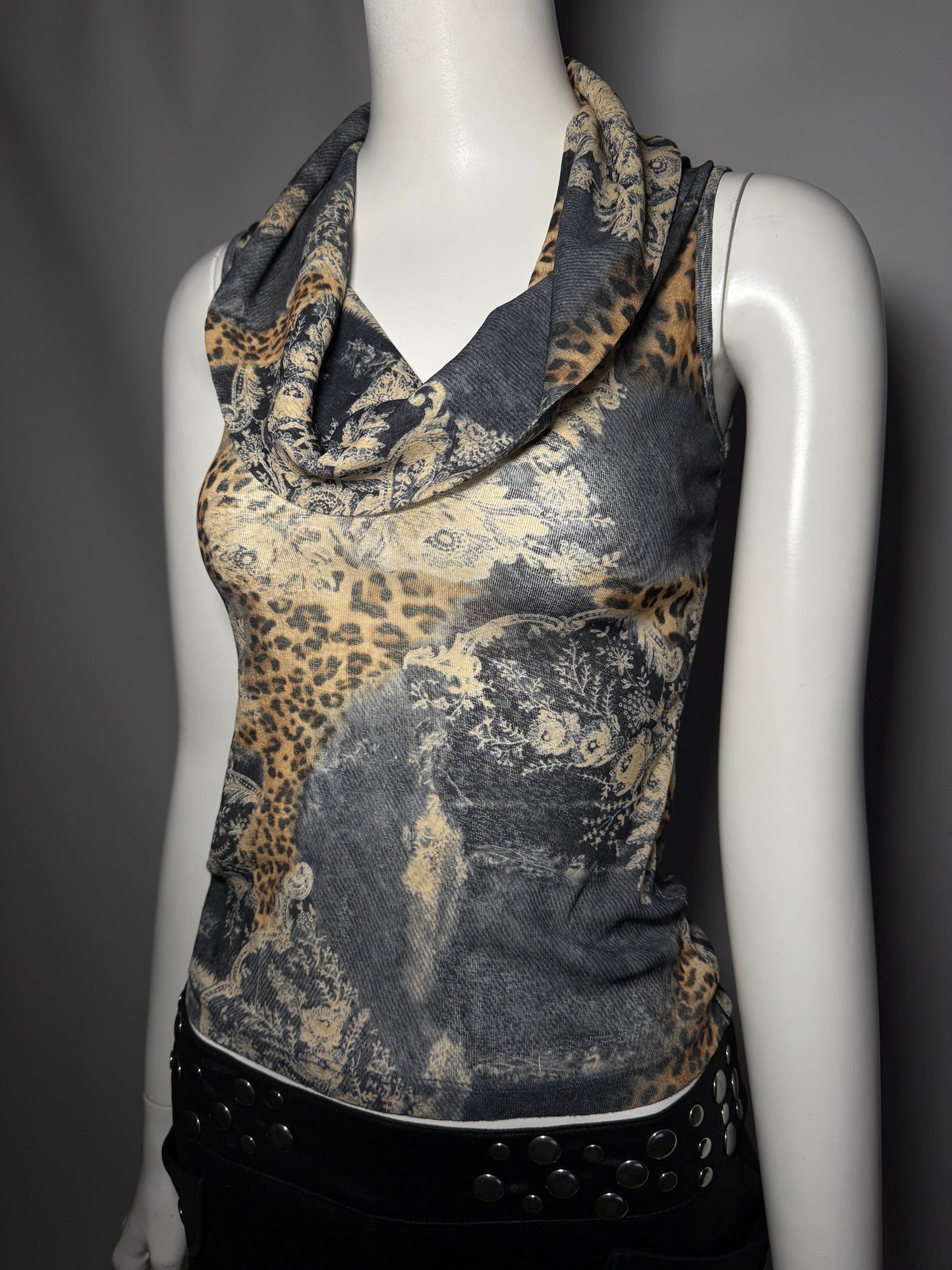 Vintage Cowl Neck Mesh Top with Leopard Print TWINKLING
