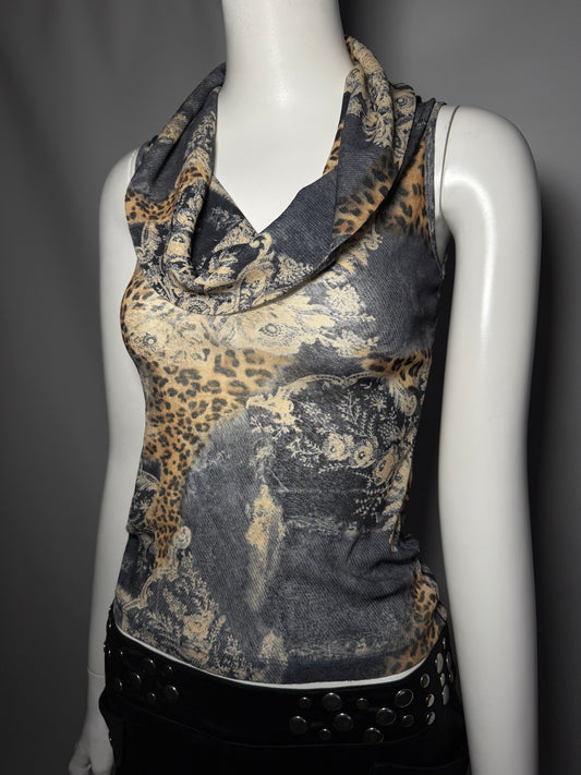 Vintage Cowl Neck Mesh Top with Leopard Print TWINKLING