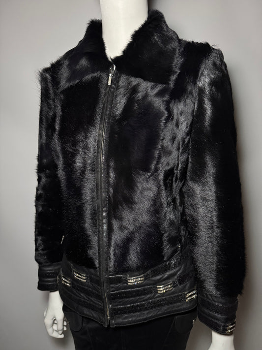 Vintage Black Leather Jacket with Real Fur TWINKLING GLOBAL