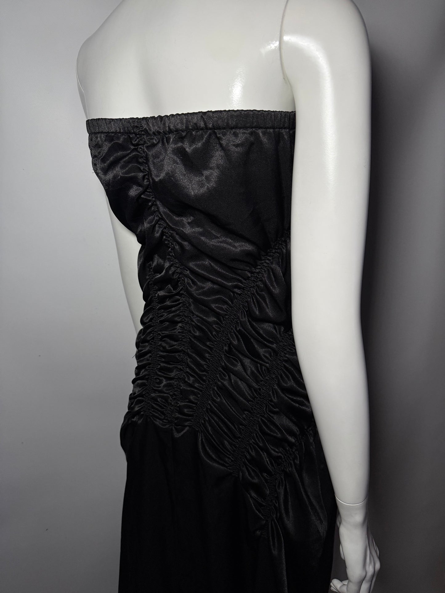 Y2K Strapless Black Ruched Satin Maxi Dress Twinkling