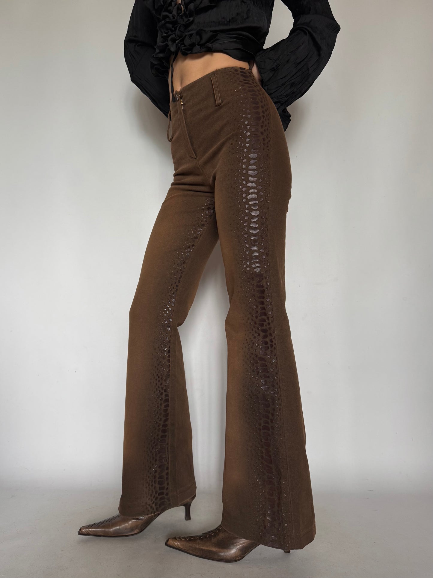 Vintage Brown Snake-Effect Flare Pants Twinkling Global