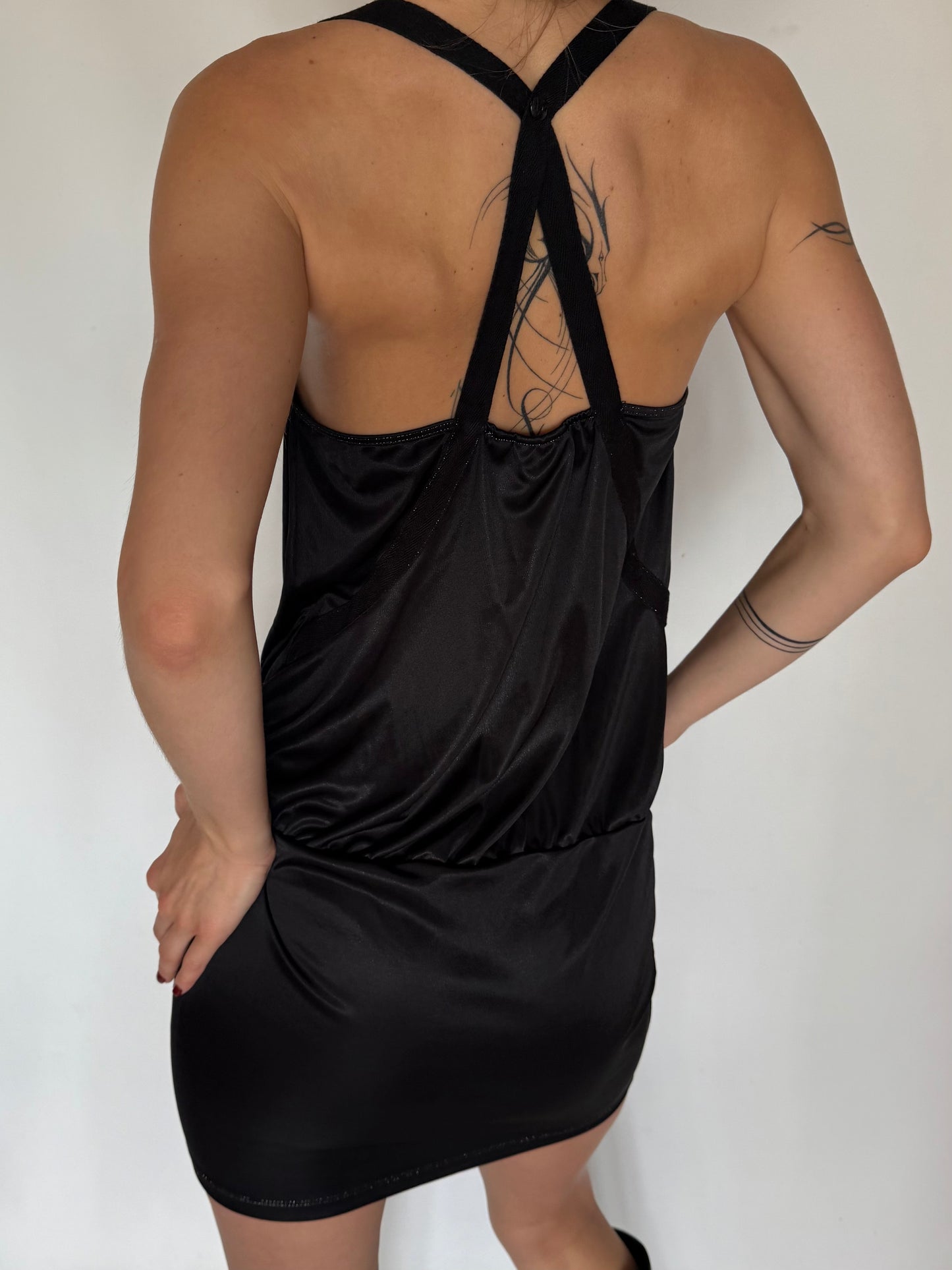 Y2K Black Stretchy Mini Dress with Cowl Neck Twinkling