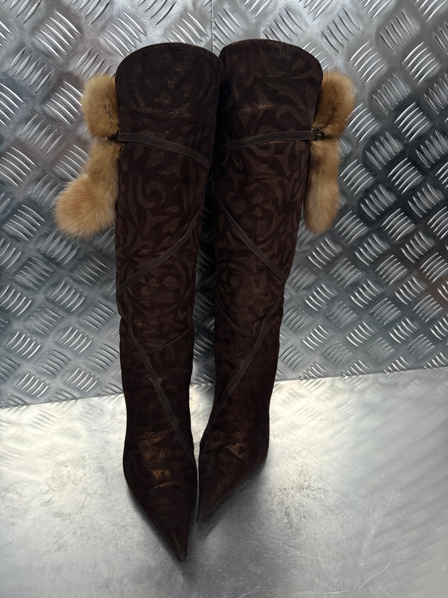 Italian Brown Suede Heeled Boots with Real Fur TWINKLING GLOBAL