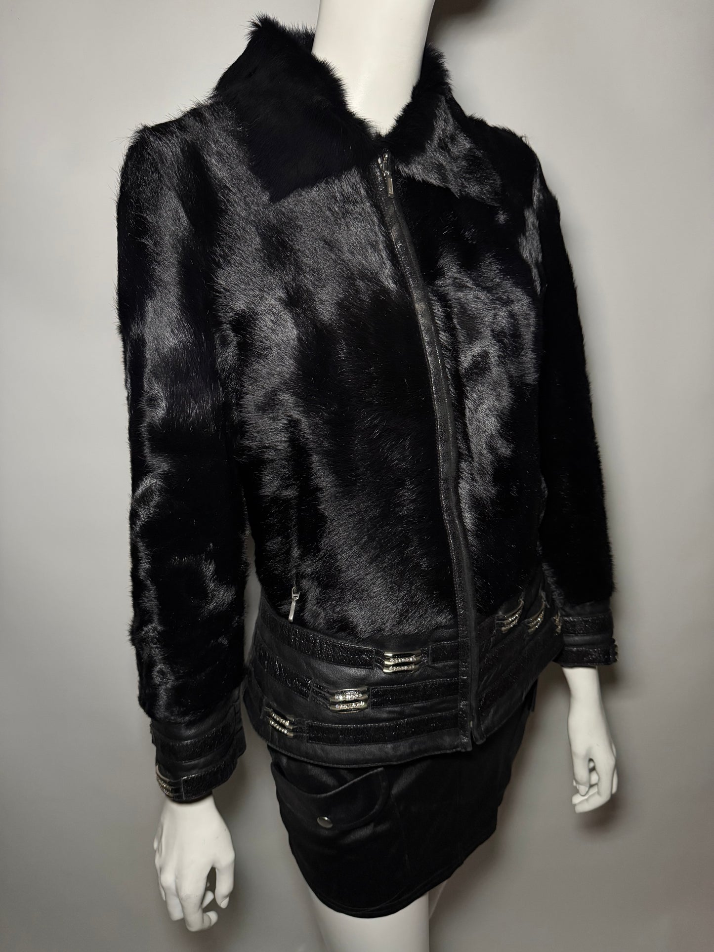 Vintage Black Leather Jacket with Real Fur TWINKLING GLOBAL