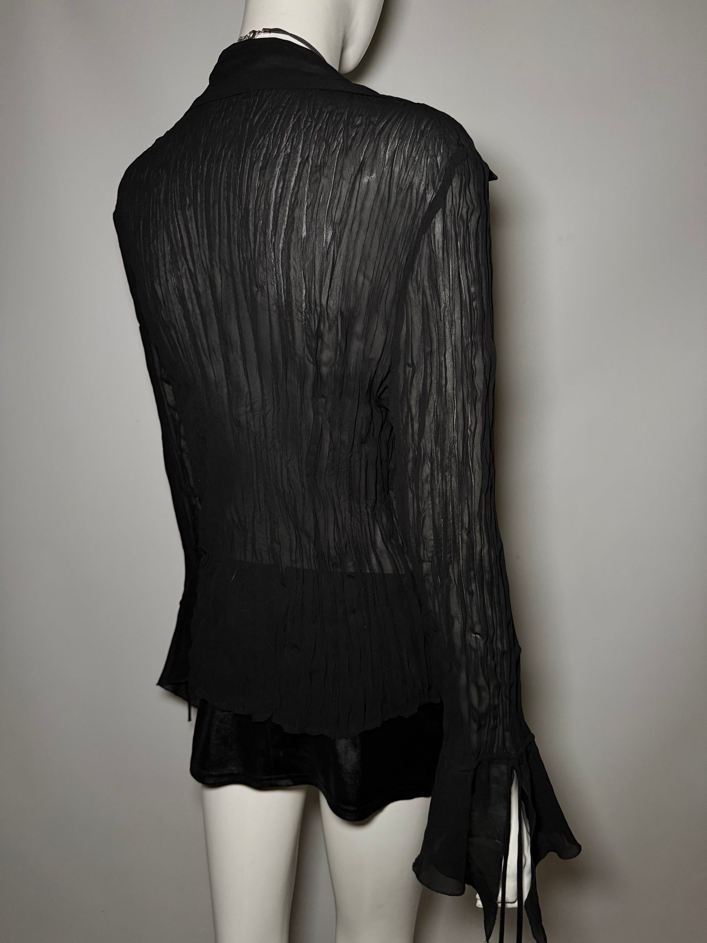 Vintage Black Textured Blouse with Flared Sleeves Twinkling Global