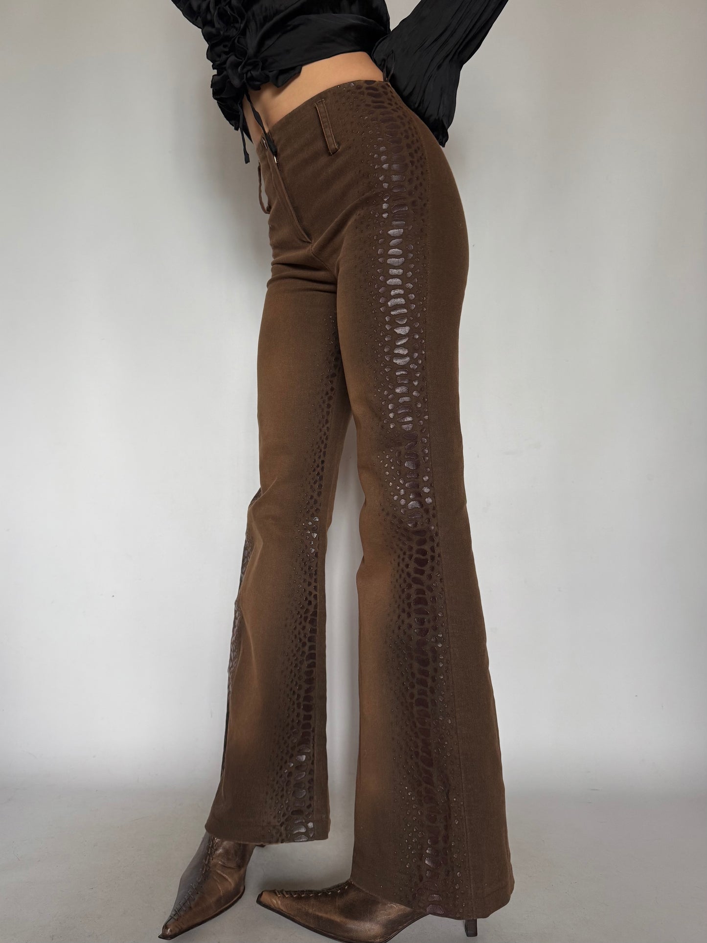 Vintage Brown Snake-Effect Flare Pants Twinkling Global