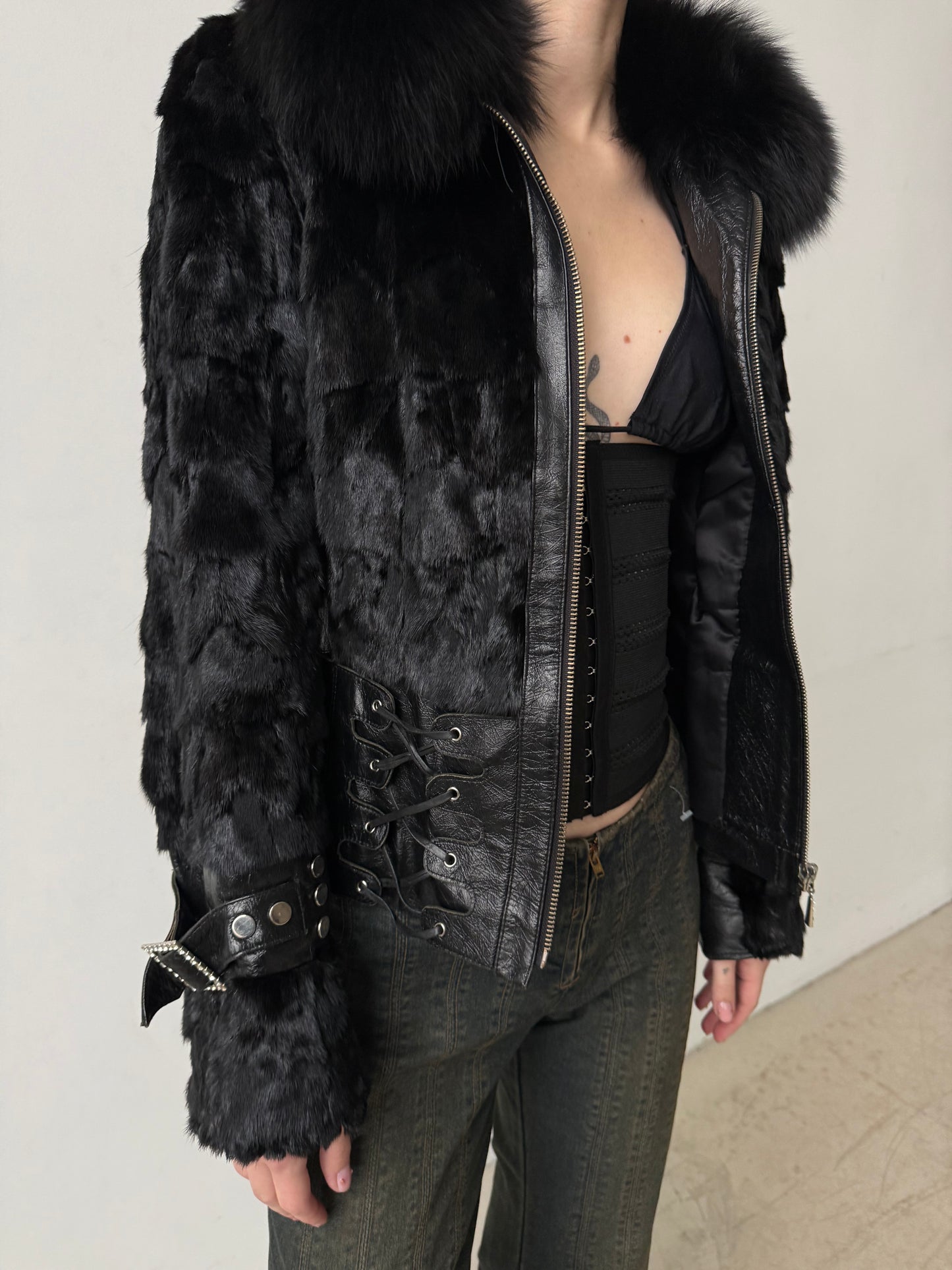 Vintage Leather & Real Fur Lace-Up Jacket TWINKLING GLOBAL