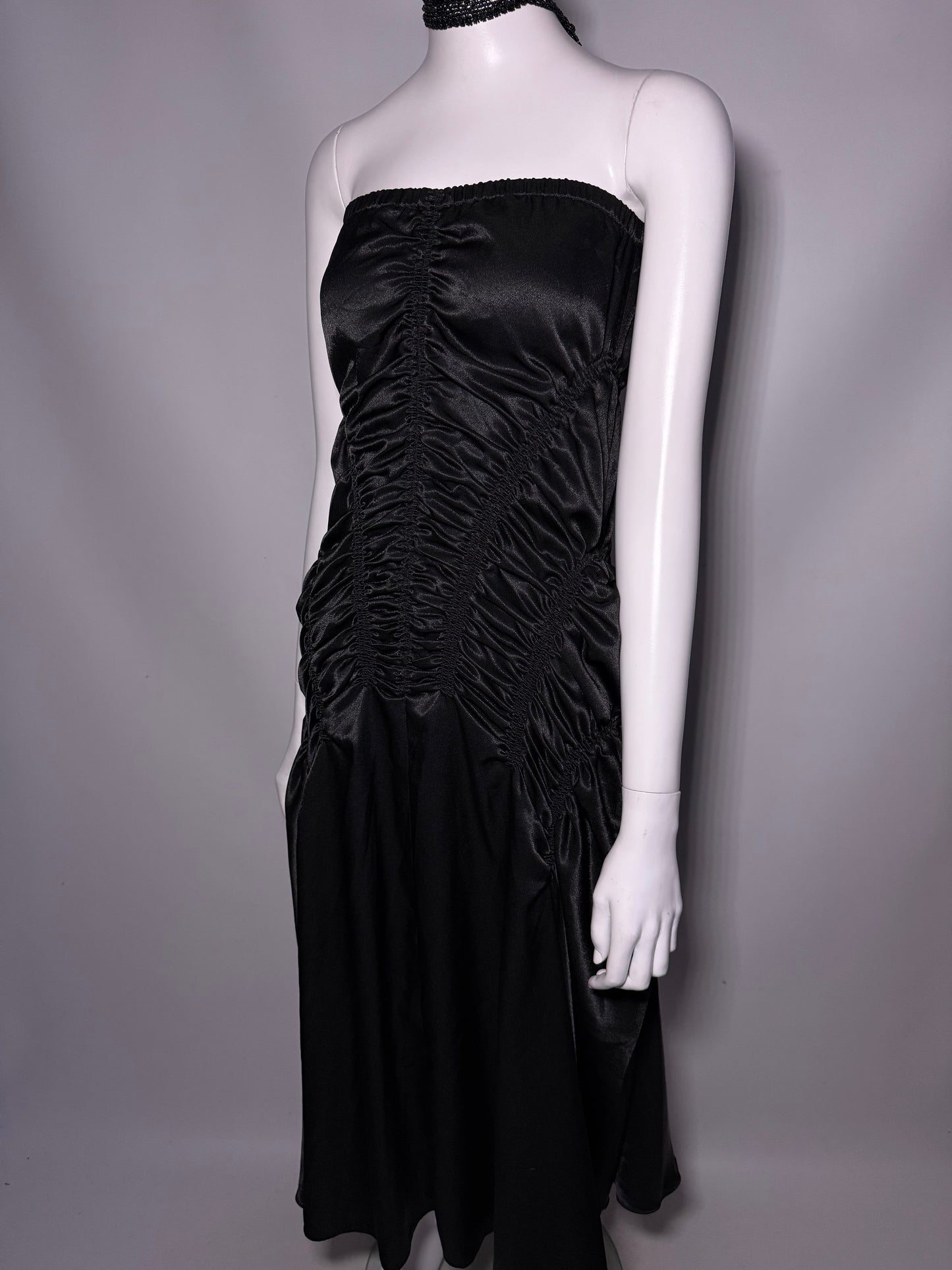Y2K Strapless Black Ruched Satin Maxi Dress Twinkling