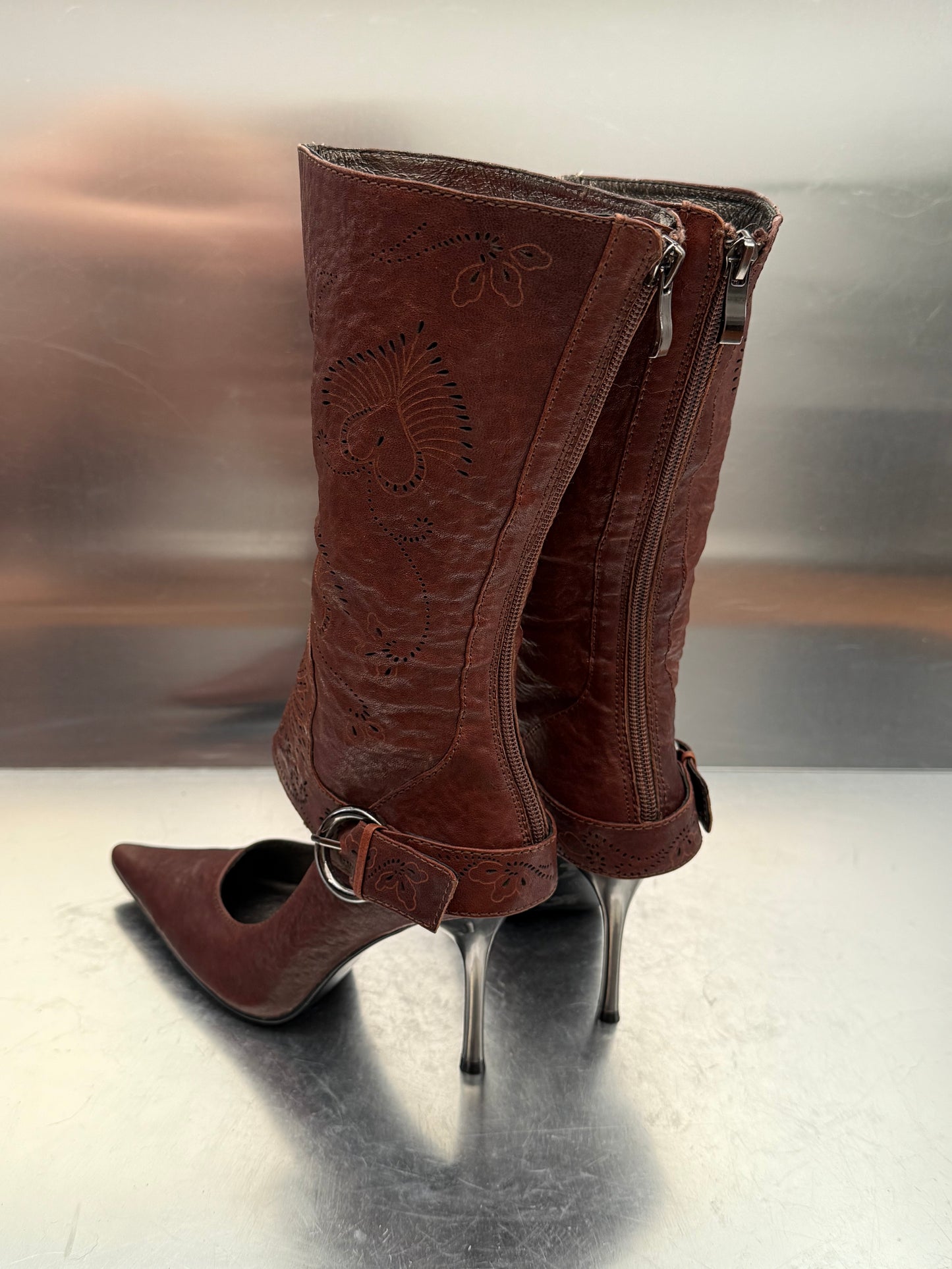 Vintage Brown Leather Gaiter-Style Pump Boots Twinkling Global