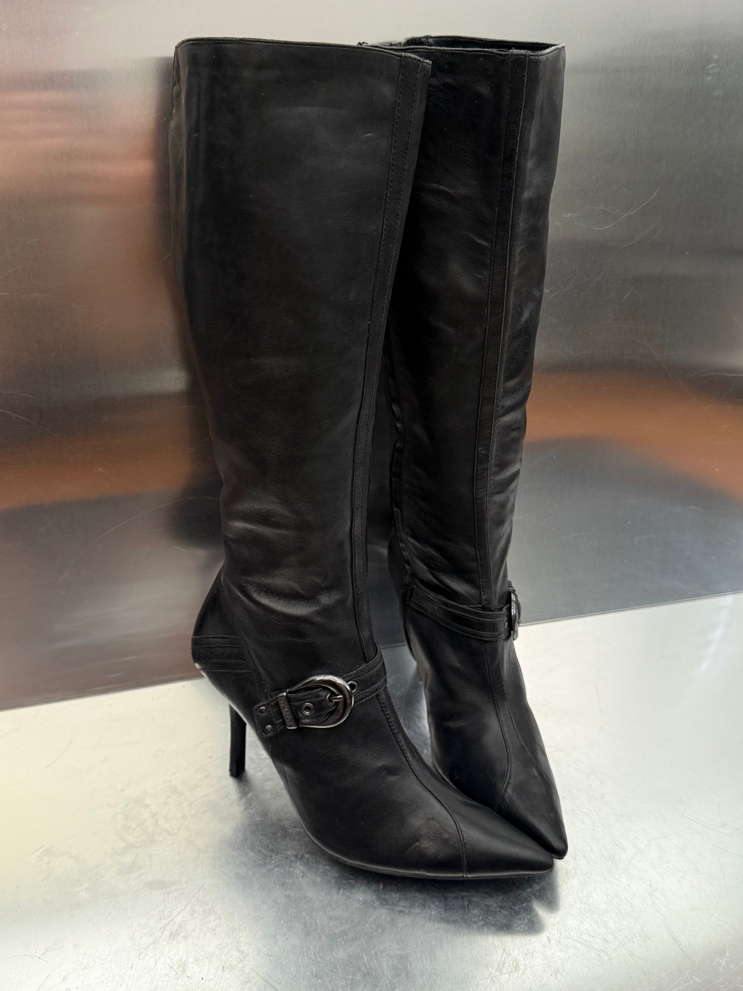 Vintage Black Leather High Boots with Buckle Detail OXMOX Twinkling Global