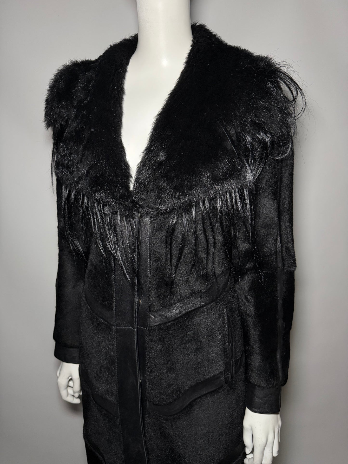 Vintage Black Leather Long Coat with Real Fur TWINKLING GLOBAL