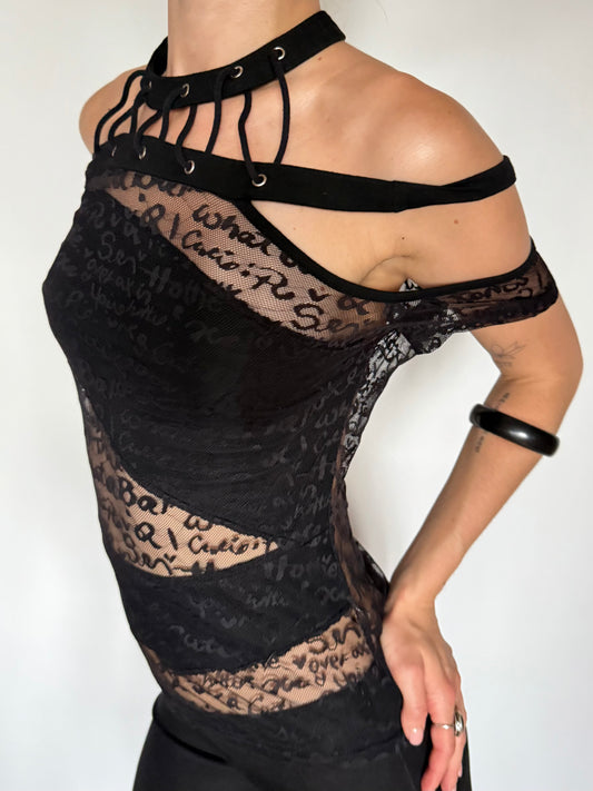 Vintage Black Sheer Mesh Top with Script Print – Twinkling Global