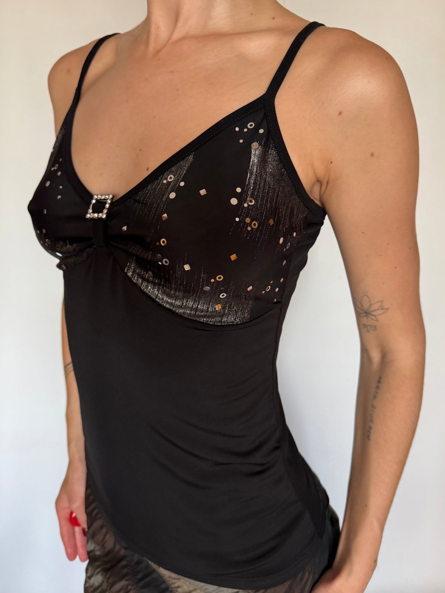 Y2K Black Stretchy Top with Rhinestone Detail  Twinkling