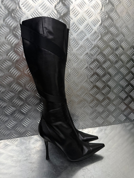 Vintage black leather knee-high boots Twinkling Global
