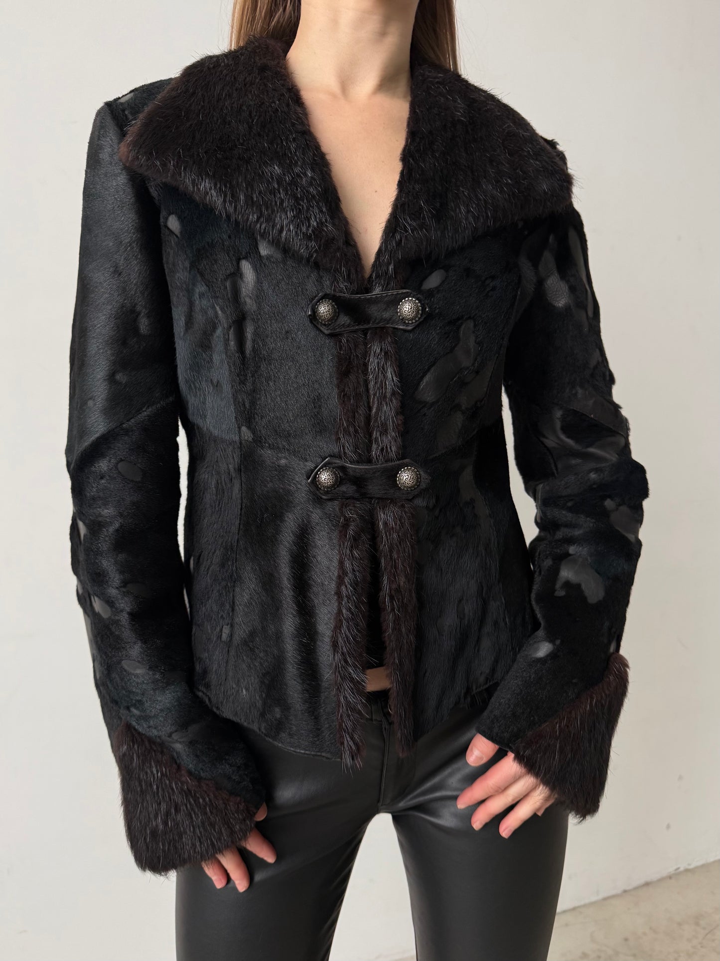 Vintage pony fur & leather fitted jacket – black-blue mix TWINKLING GLOBAL