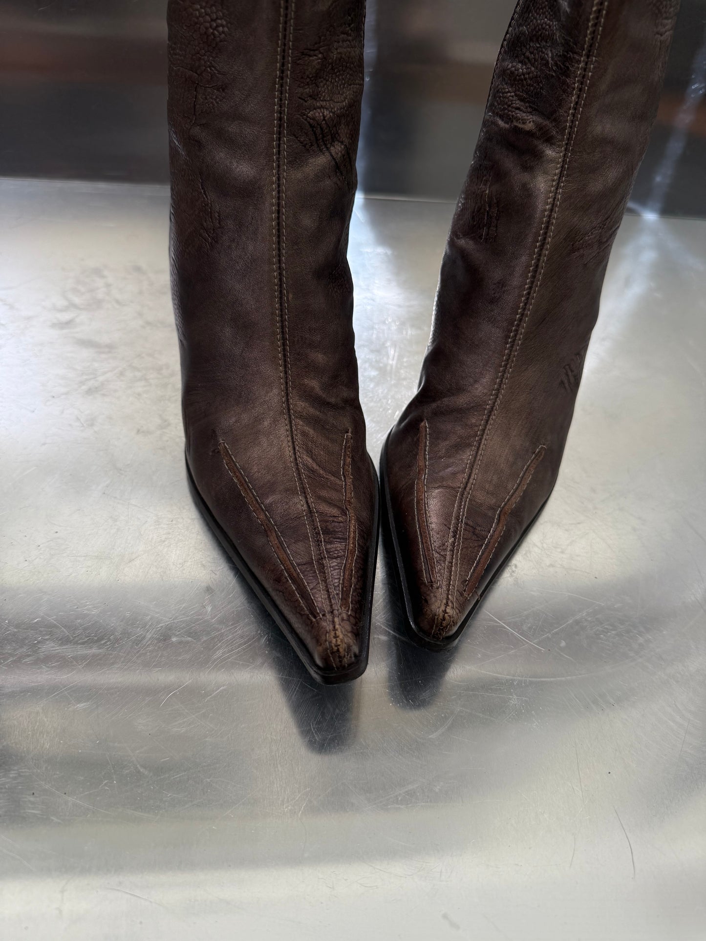 Vintage Brown Leather Pointed Boots Twinkling Global