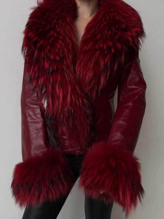 Vintage red leather jacket with luxurious natural fur details