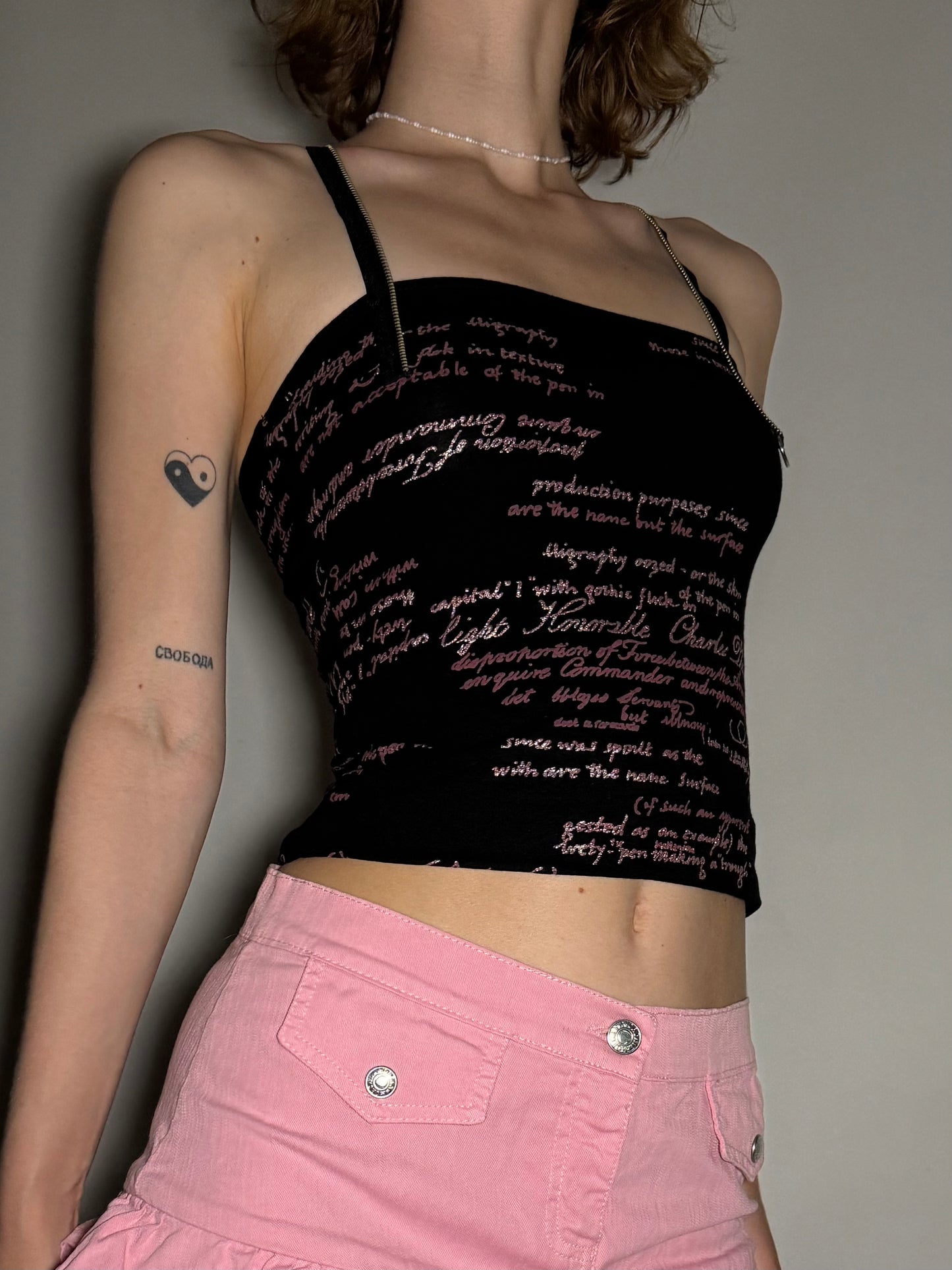 Y2K Black Stretchy Printed Tank Top with Back Zipper TWINKLING
