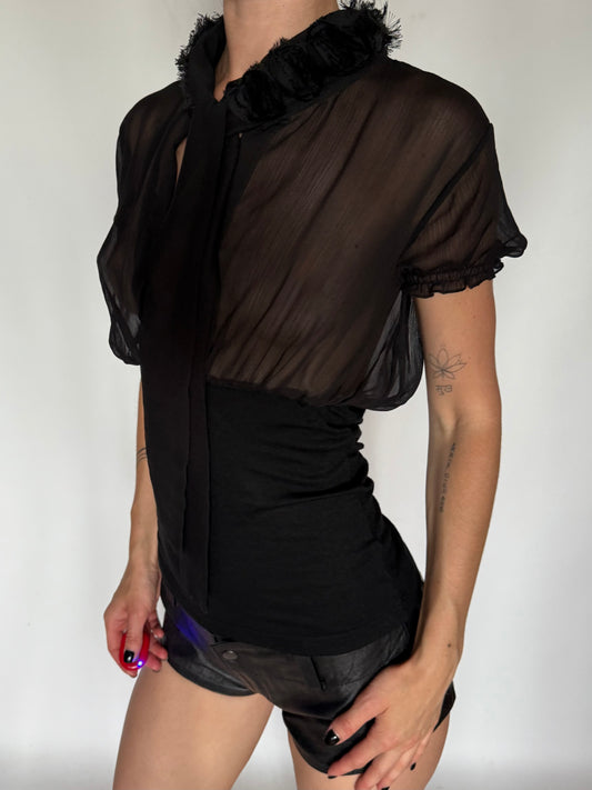 Vintage Sheer Tie-Neck Blouse Black Twinkling Global