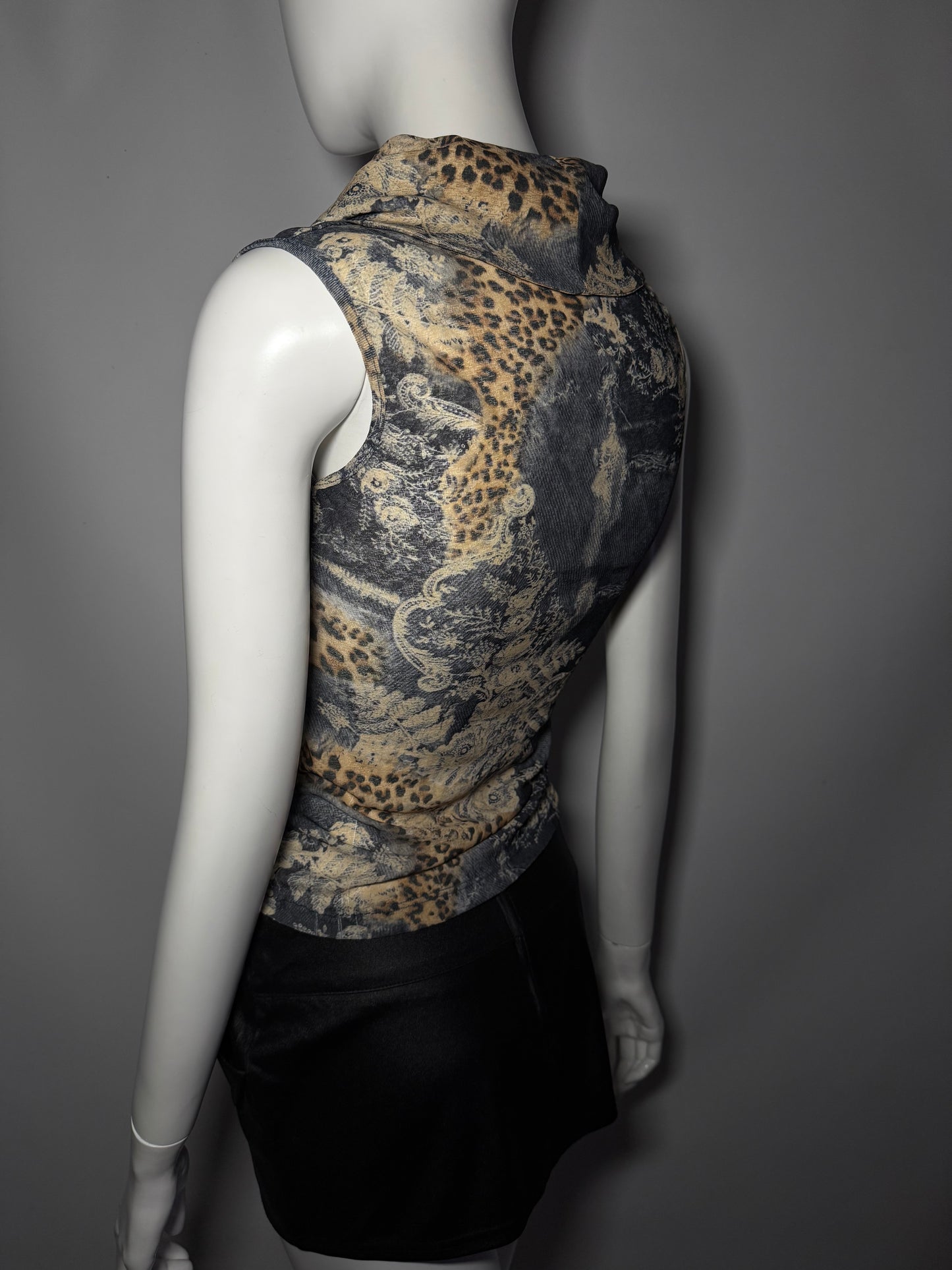 Vintage Cowl Neck Mesh Top with Leopard Print TWINKLING