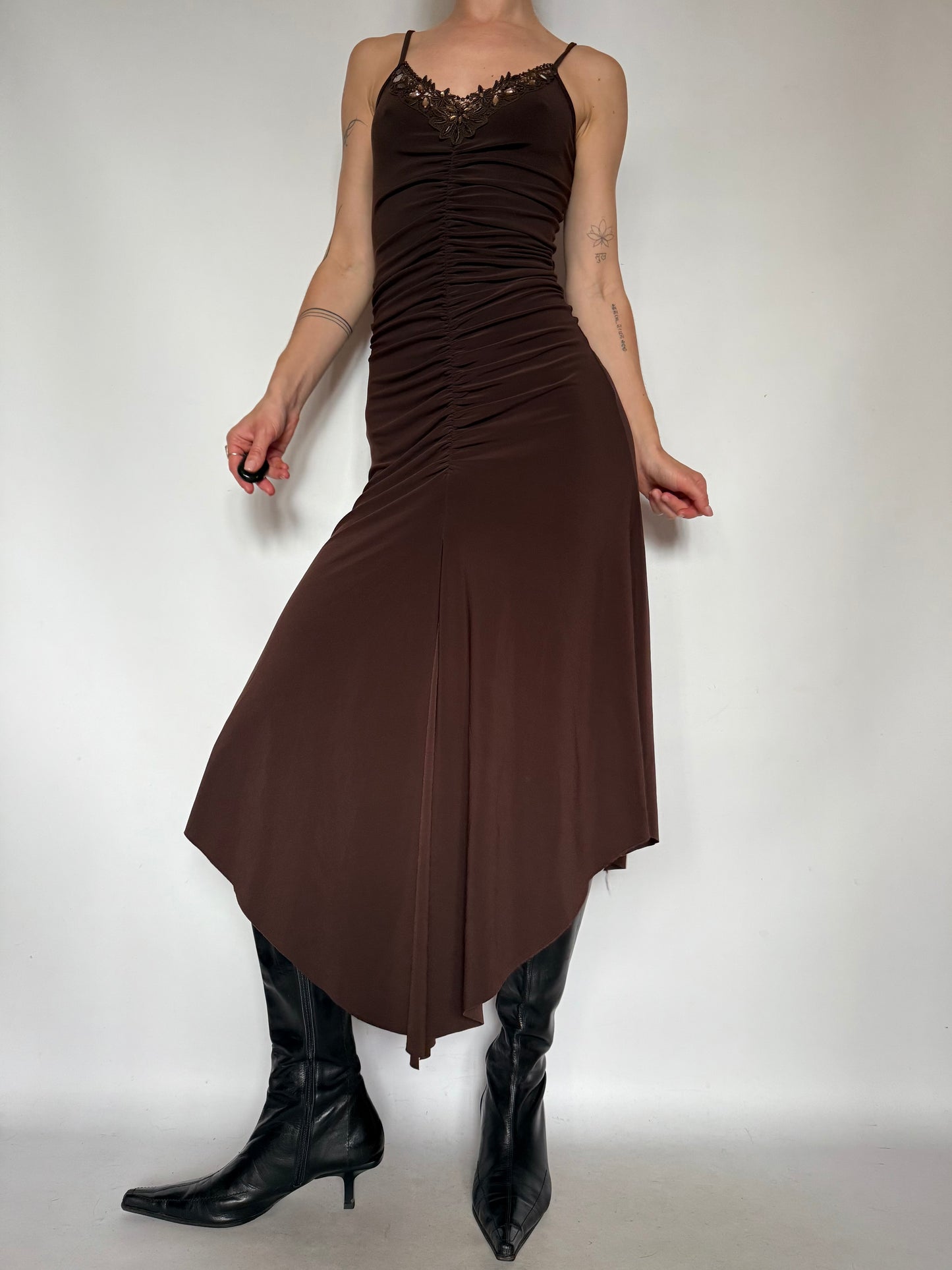Vintage Brown Ruched Asymmetrical Dress – Twinkling Global