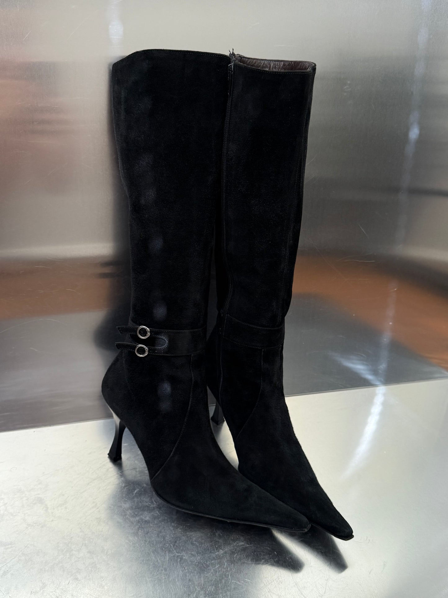 Vintage Black Suede Leather High Boots Made in Italy Twinkling Global