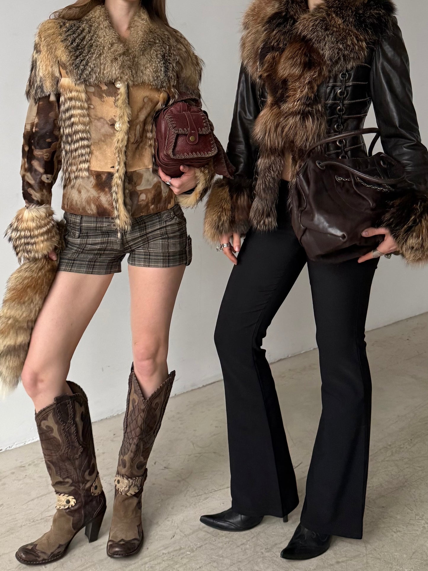 Vintage leather and natural fur patchwork jacket with sculptural silhouette