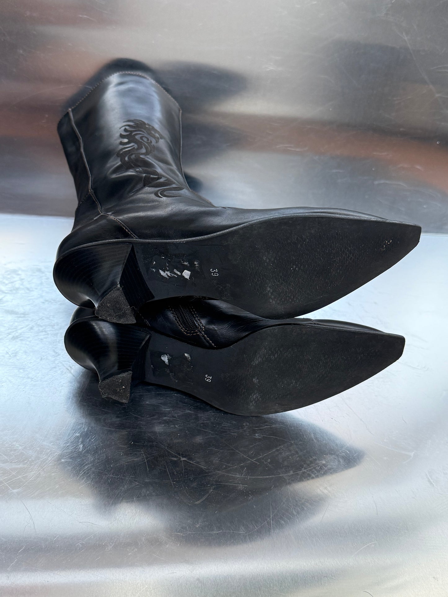 Vintage Black Leather Boots with Tribal Detail Twinkling Global