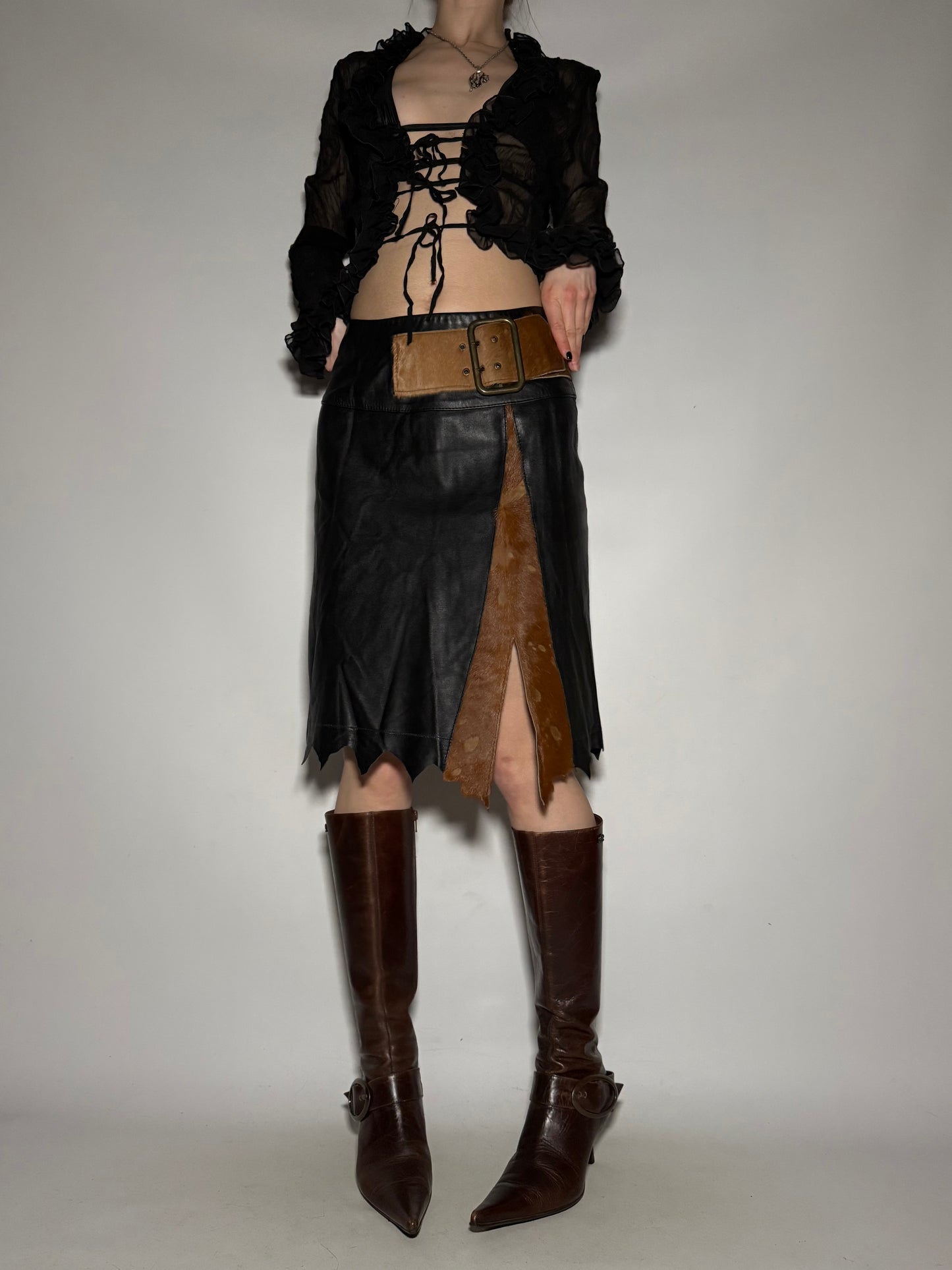 Vintage Leather Skirt with Fur Trim - TWINKLING GLOBAL