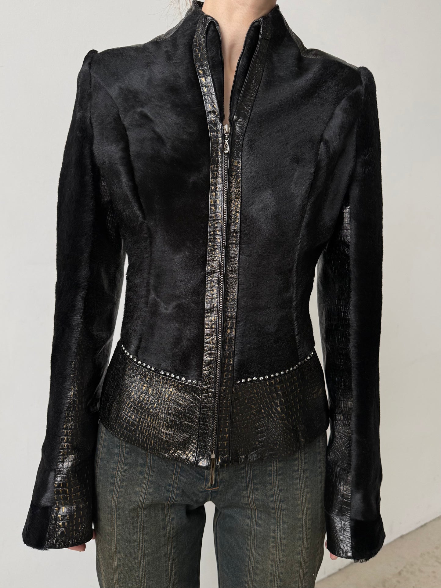 Vintage fitted leather jacket with pony fur TWINKLING GLOBAL