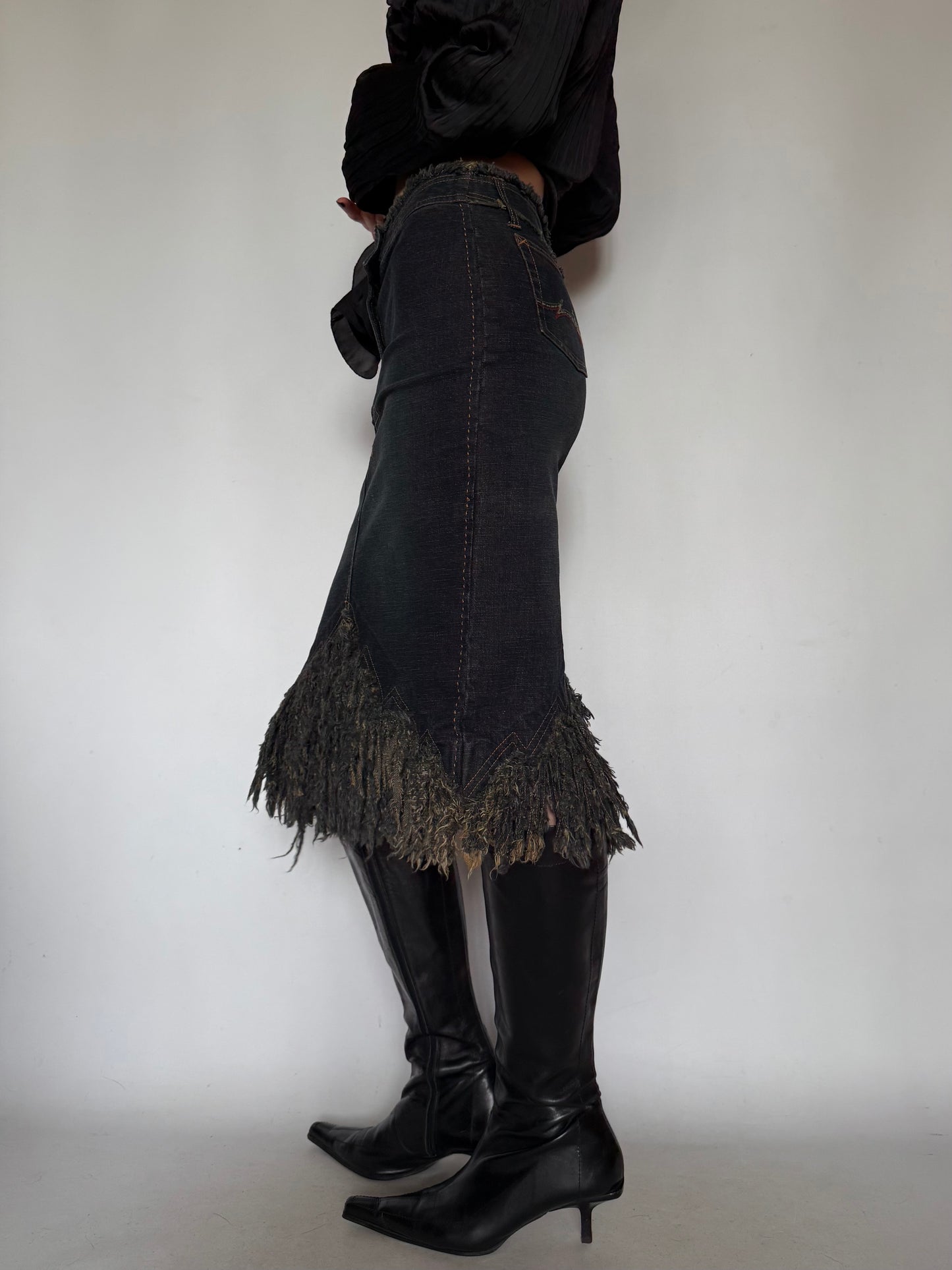 Vintage Denim Skirt with Fringe Hem Twinkling Global