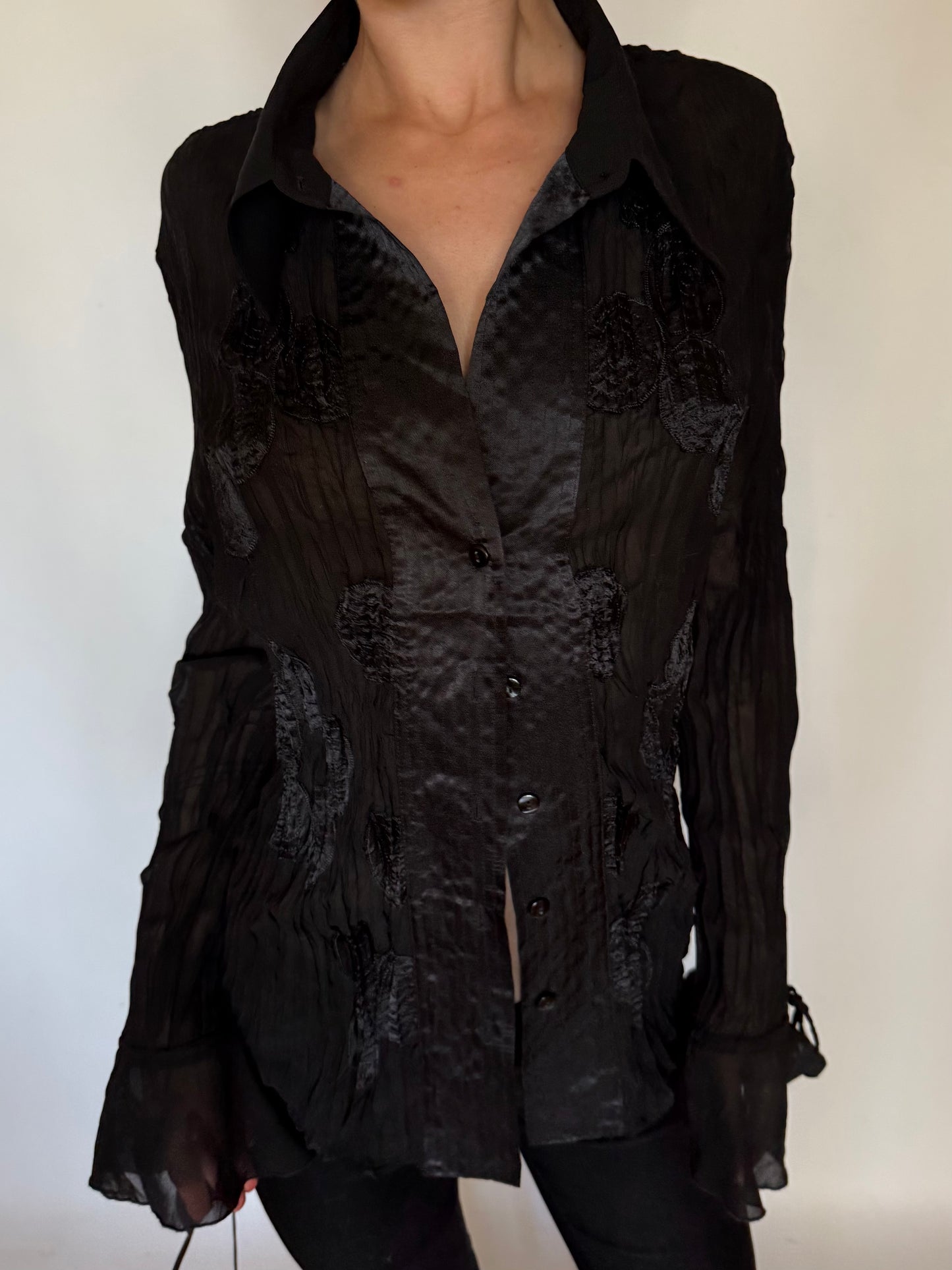 Vintage Black Textured Blouse with Flared Sleeves Twinkling Global