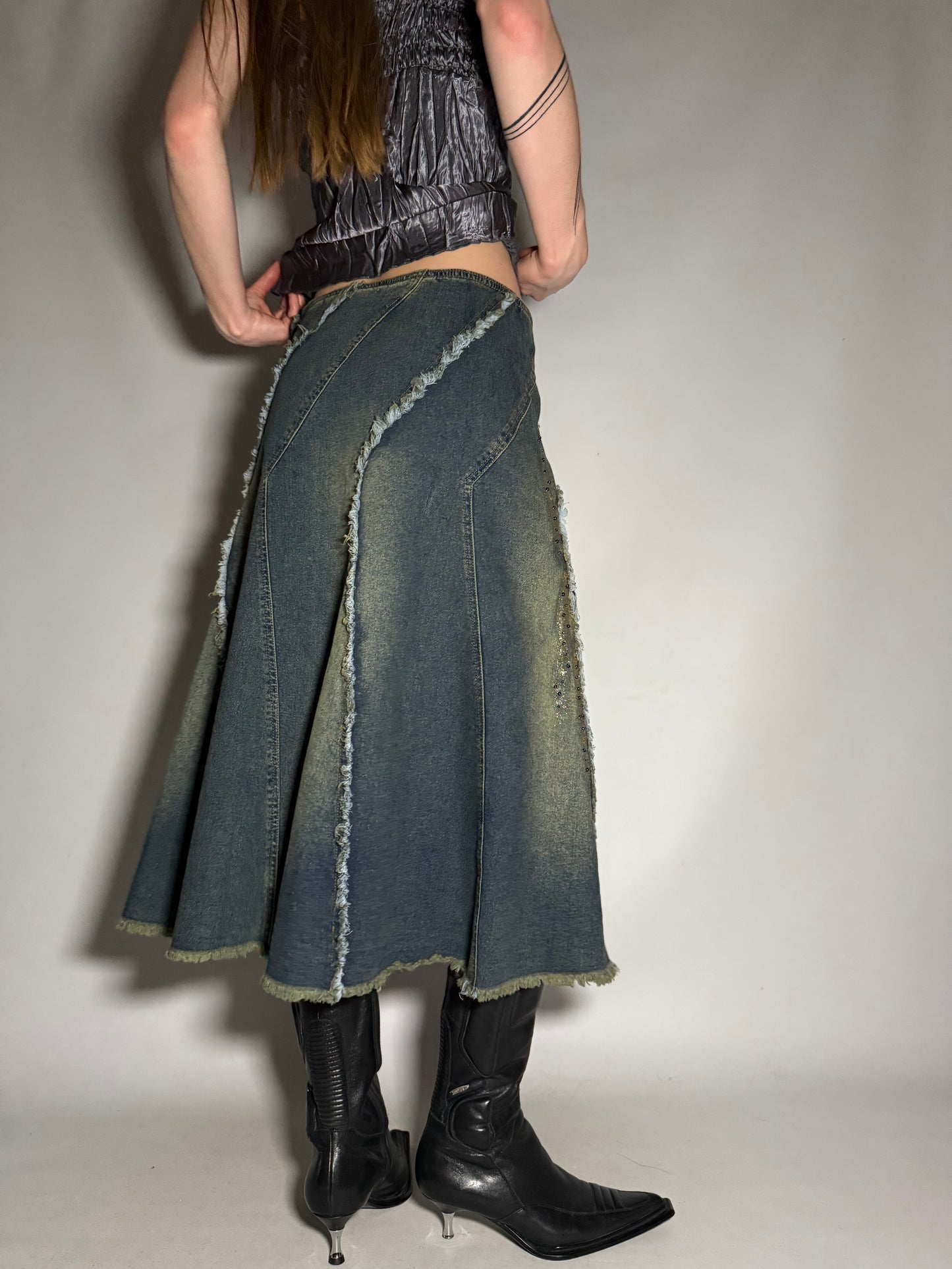 Y2K Distressed Denim Maxi Skirt with Sequin Floral Appliqué TWINKLING